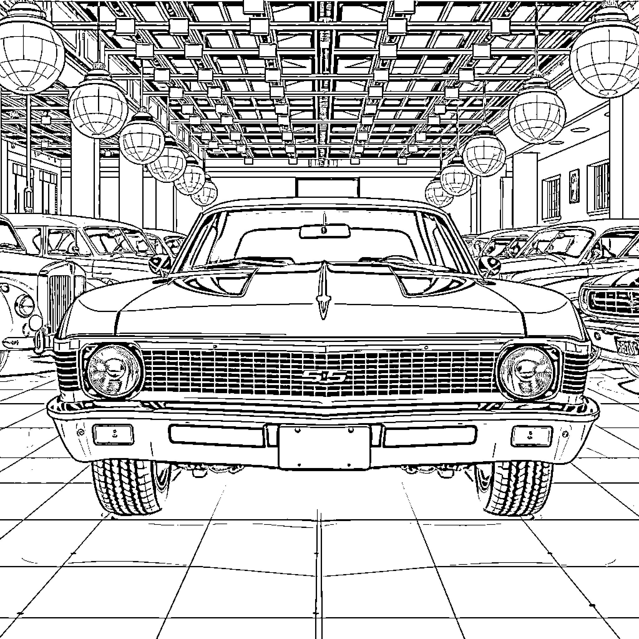 Chevy Nova showcased in vintage garage setting Coloring Page (free black-and-white line drawing printable PDF for all, from beginners to advanced learners, including children, teens, adults, and seniors)