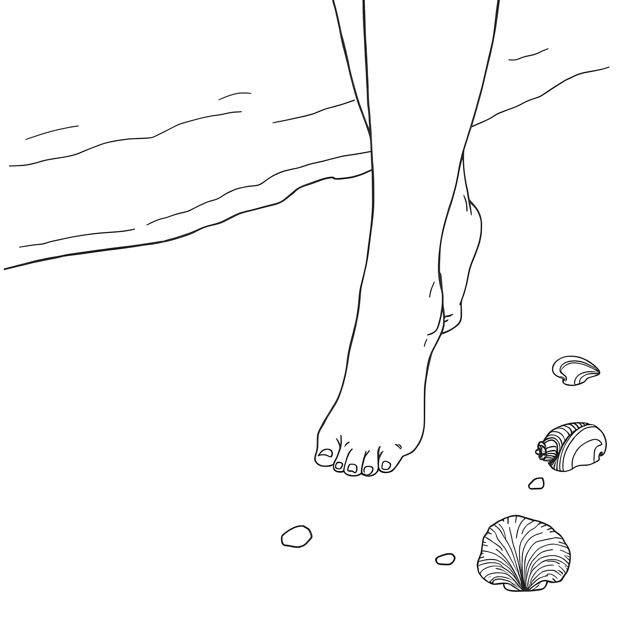 Foot stepping on seashells and pebbles Coloring Page (free black-and-white line drawing printable PDF for all, from beginners to advanced learners, including children, teens, adults, and seniors)