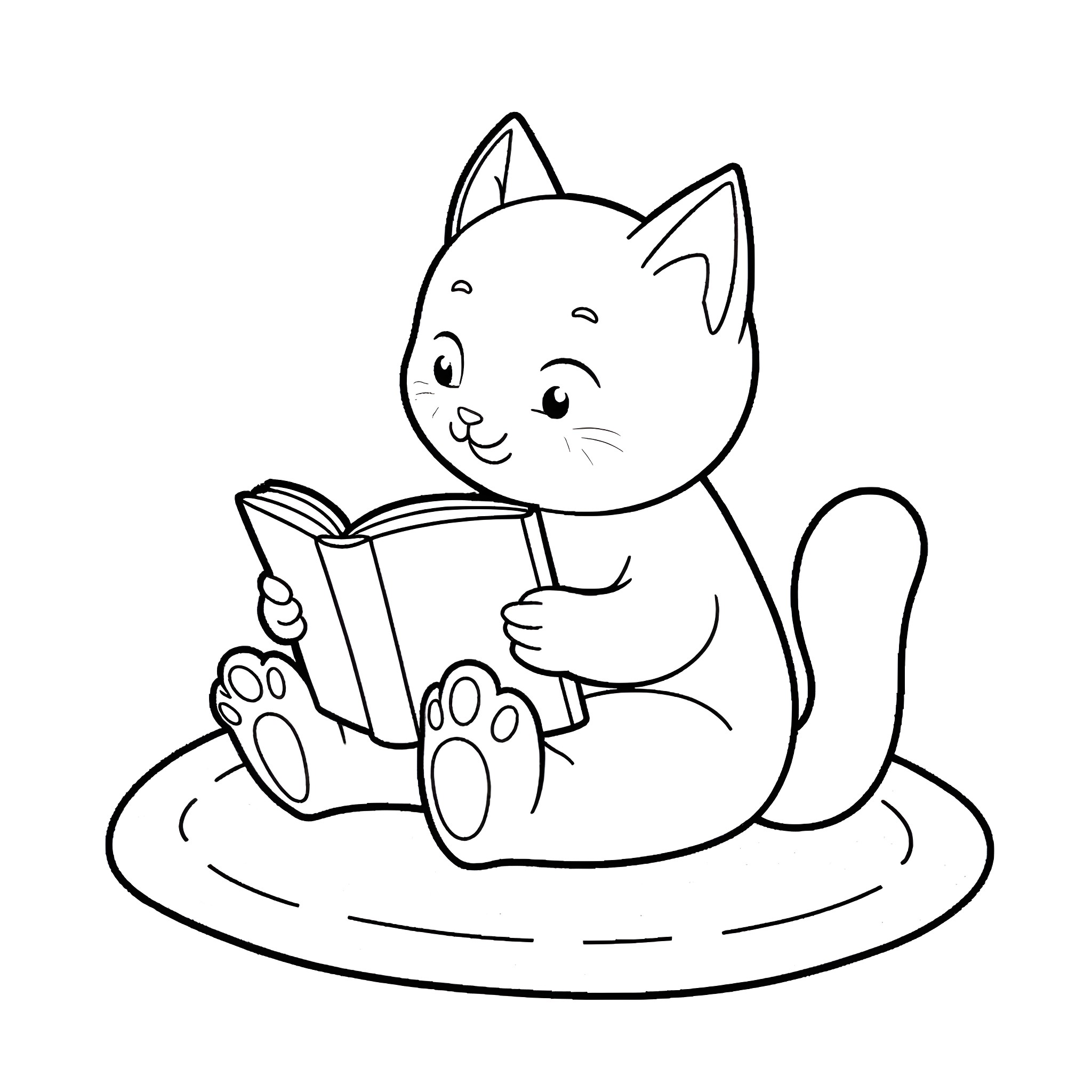 Cat reading a book happily Coloring Page (free black-and-white line drawing printable PDF for all, from beginners to advanced learners, including children, teens, adults, and seniors)