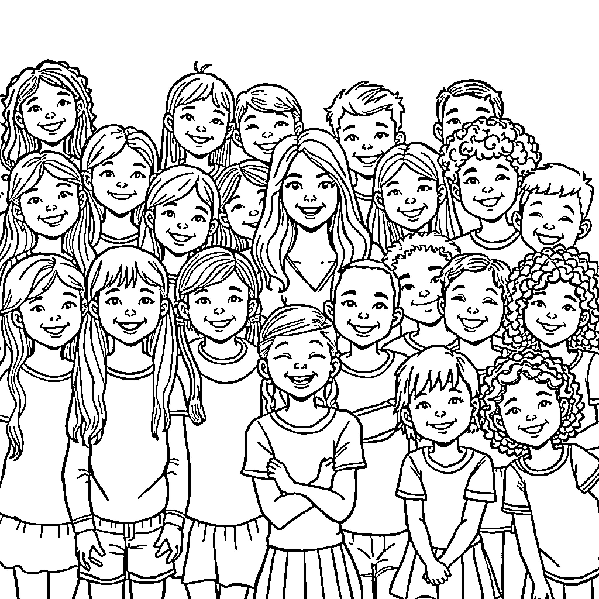 Students in a Lively Classroom Setting Coloring Page (free black-and-white line drawing printable PDF for all, from beginners to advanced learners, including children, teens, adults, and seniors)