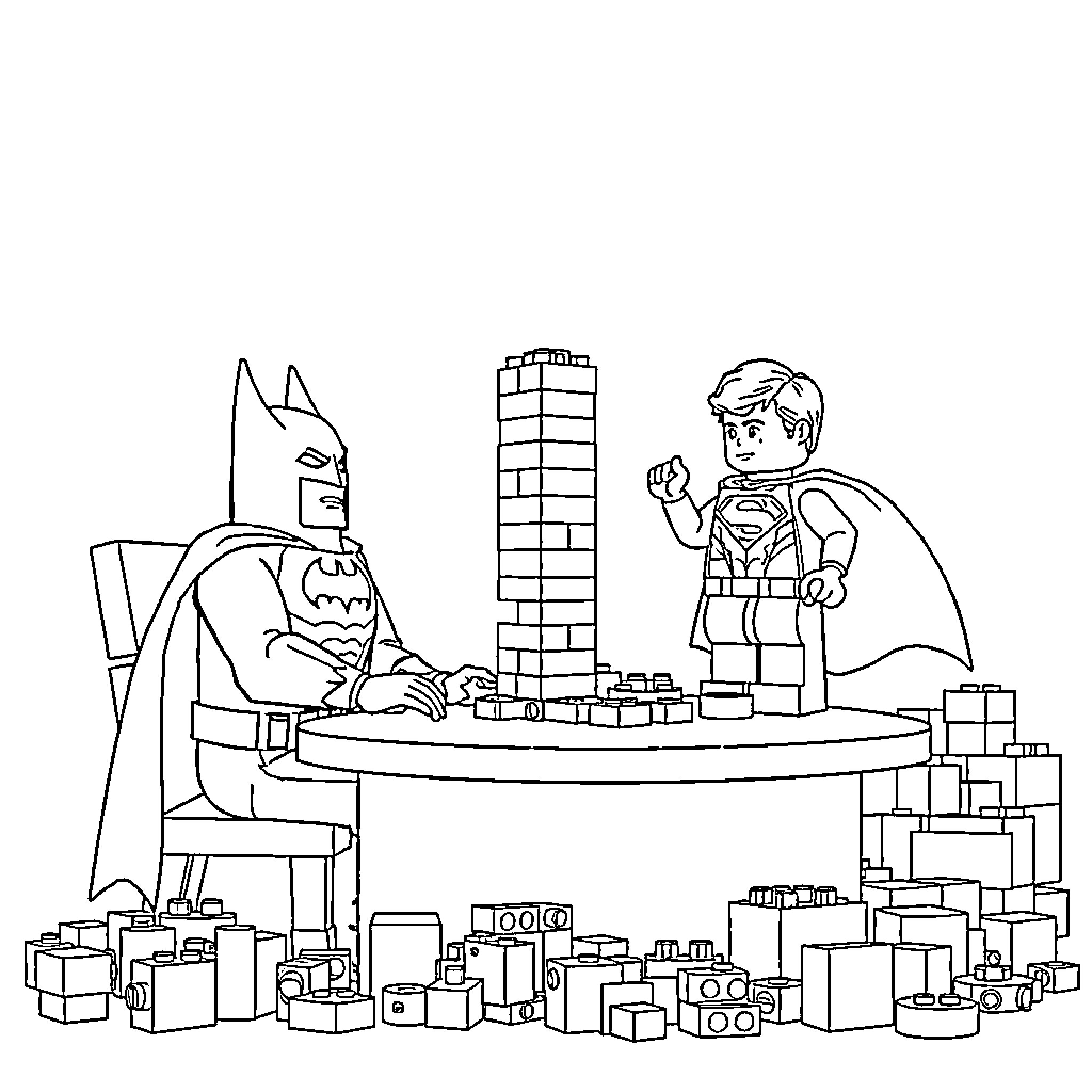 Batman and Superman's Lego Adventure Coloring Page (free black-and-white line drawing printable PDF for all, from beginners to advanced learners, including children, teens, adults, and seniors)
