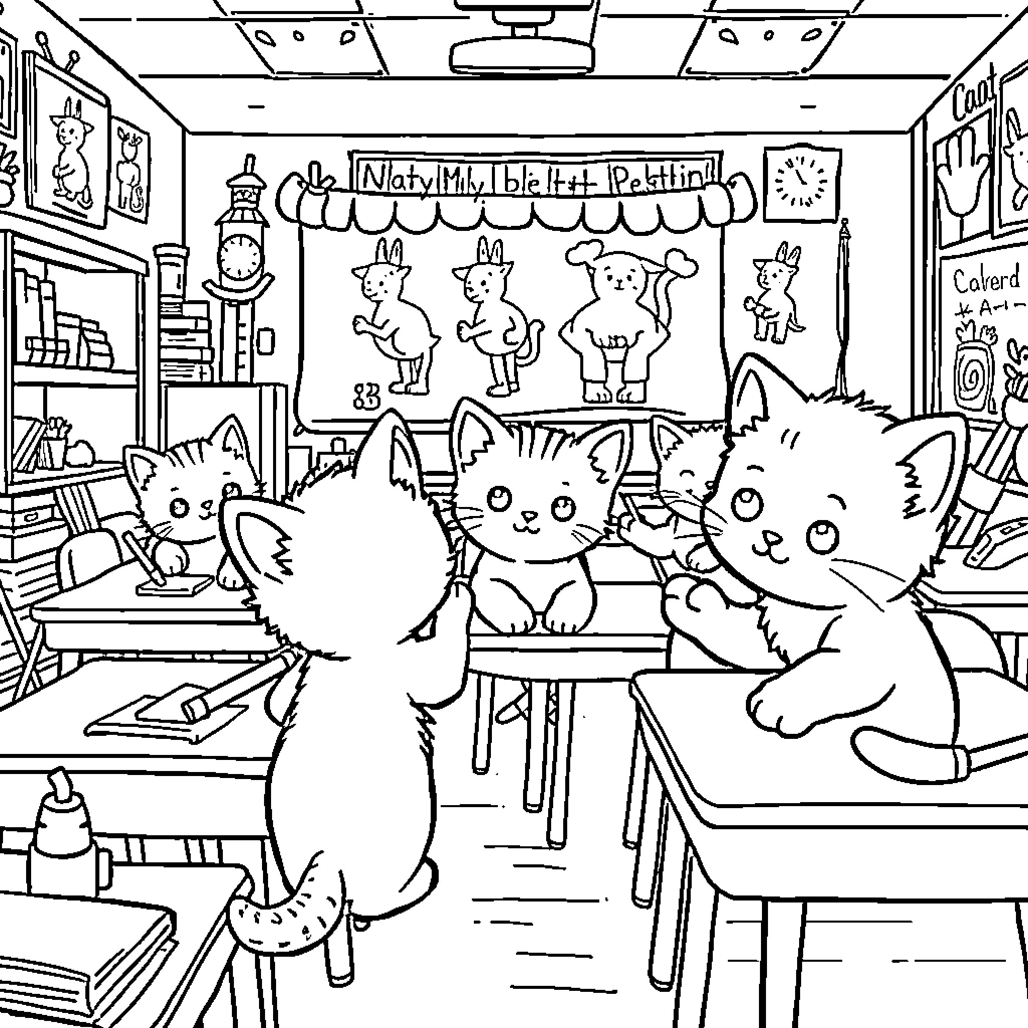 Kittens Exploring a Cozy Classroom Coloring Page (free black-and-white line drawing printable PDF for all, from beginners to advanced learners, including children, teens, adults, and seniors)