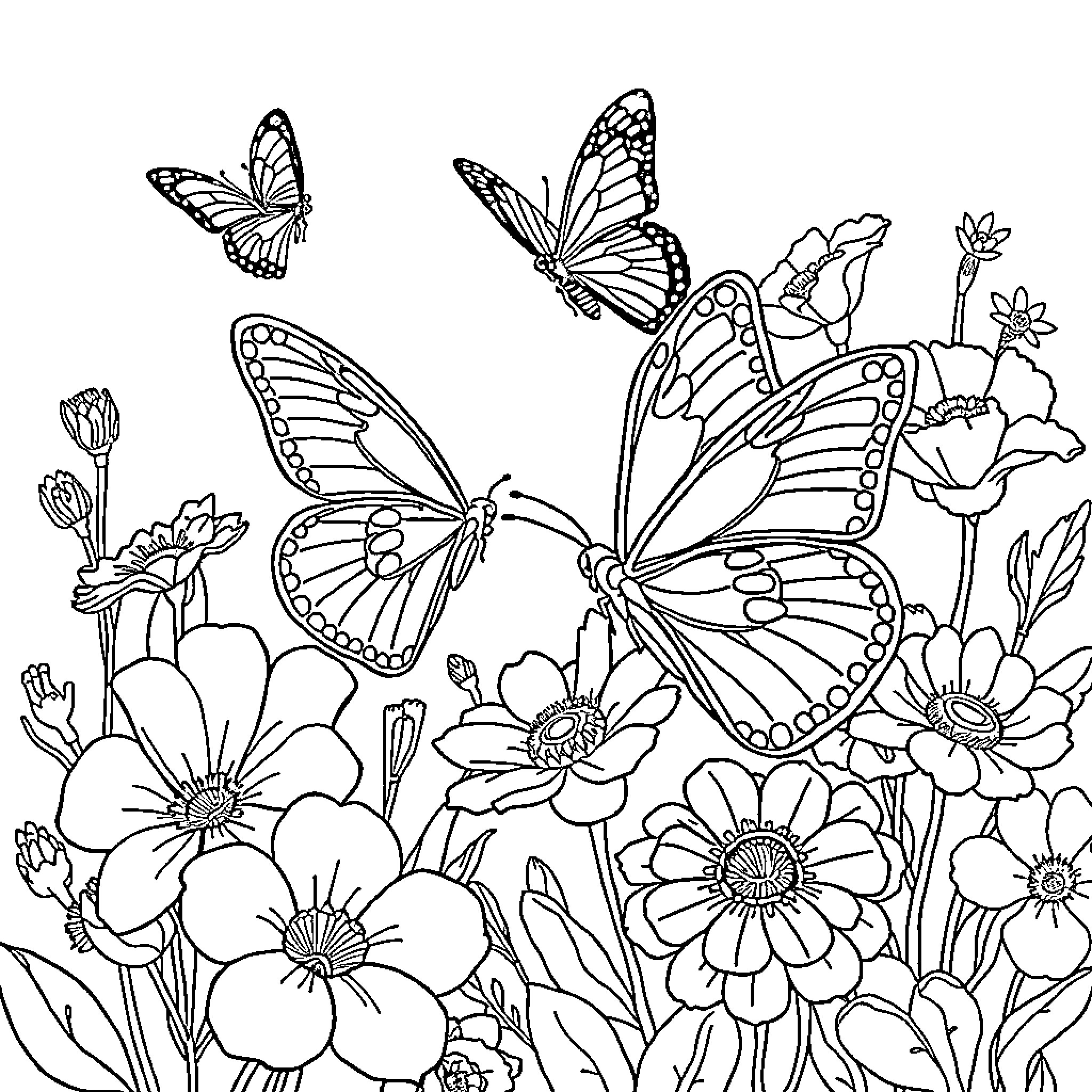 Butterfly Blossoms and Flowers Coloring Page (free black-and-white line drawing printable PDF for all, from beginners to advanced learners, including children, teens, adults, and seniors)