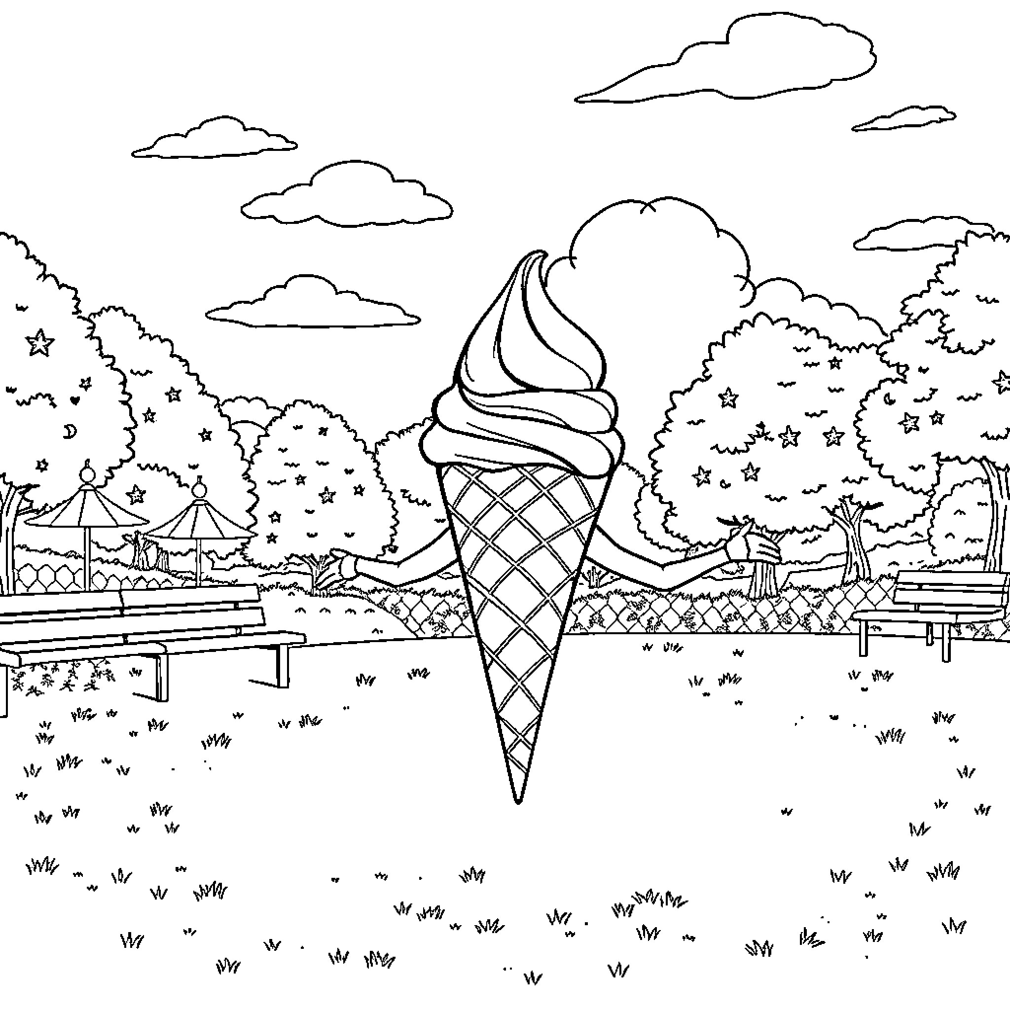 Ice Cream in a Whimsical Outdoor Scene Coloring Page (free black-and-white line drawing printable PDF for all, from beginners to advanced learners, including children, teens, adults, and seniors)