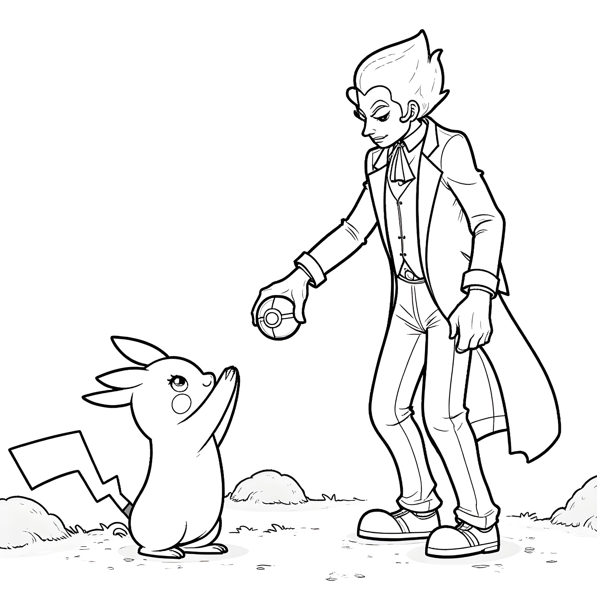Joker interacting with a Pokemon character Coloring Page (free black-and-white line drawing printable PDF for all, from beginners to advanced learners, including children, teens, adults, and seniors)