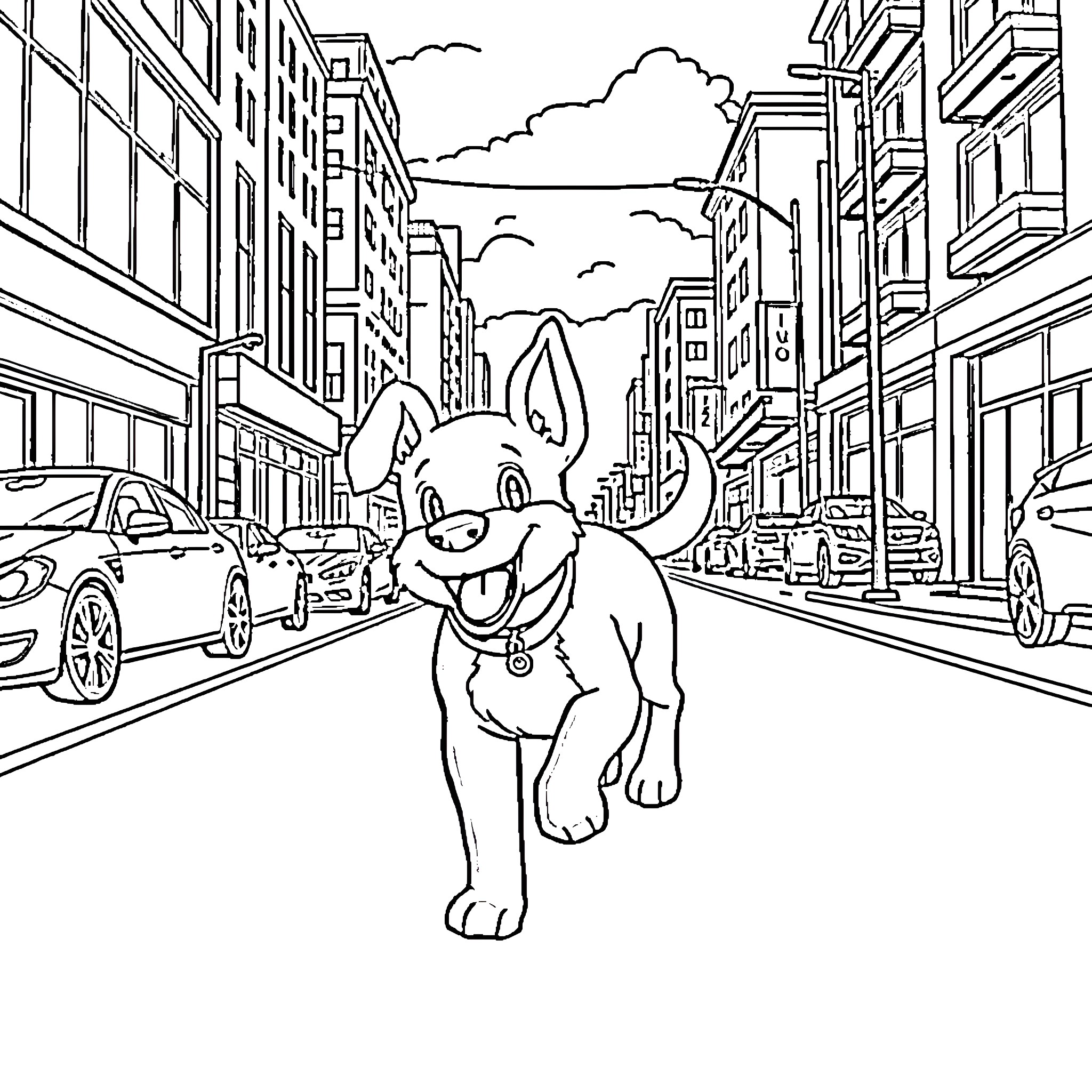 Bluey's City Adventure Coloring Page (free black-and-white line drawing printable PDF for all, from beginners to advanced learners, including children, teens, adults, and seniors)