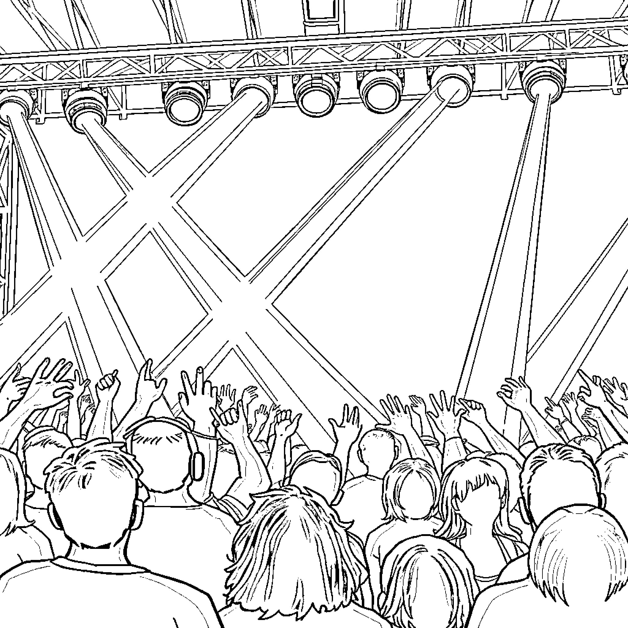 Huntrix Crowd Cheers Beneath the Lights Coloring Page (free black-and-white line drawing printable PDF for all, from beginners to advanced learners, including children, teens, adults, and seniors)