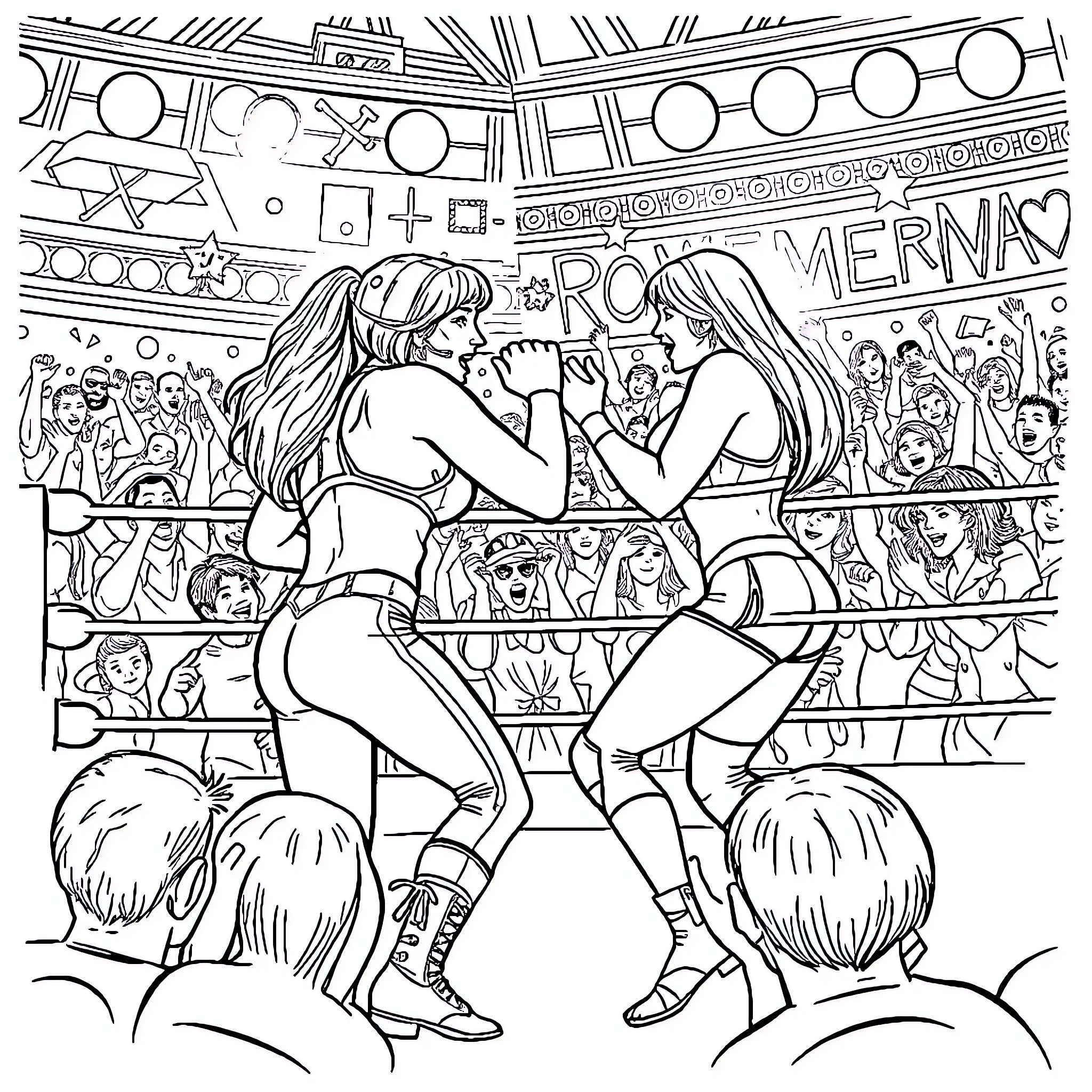Woman Wrestling in an Intense Match Coloring Page (free black-and-white line drawing printable PDF for all, from beginners to advanced learners, including children, teens, adults, and seniors)
