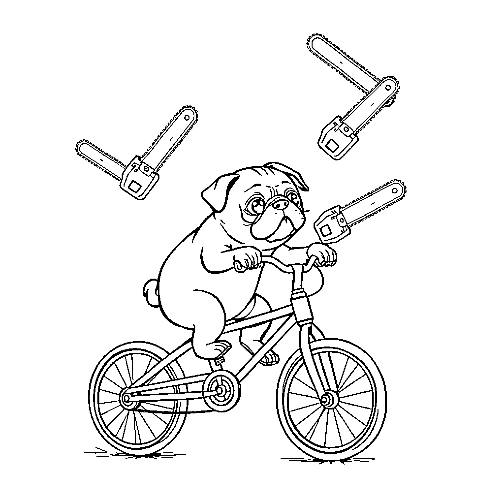 Pug riding bicycle with wrenches Coloring Page (free black-and-white line drawing printable PDF for all, from beginners to advanced learners, including children, teens, adults, and seniors)