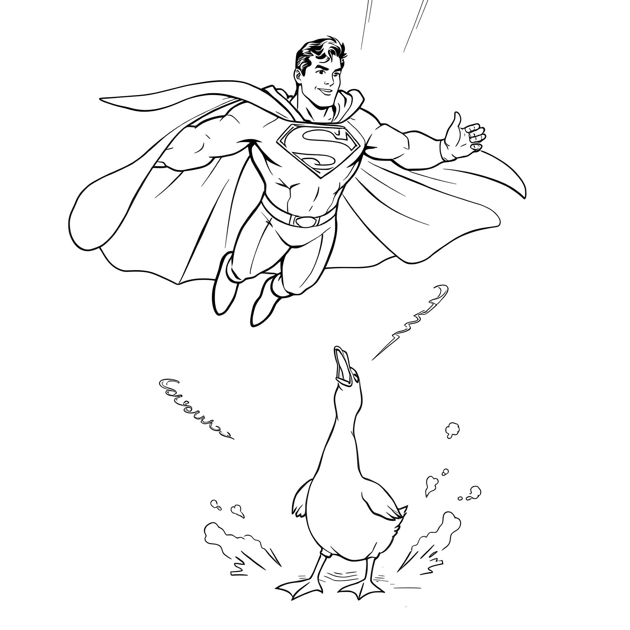 Superman soaring through the sky with determination Coloring Page (free black-and-white line drawing printable PDF for all, from beginners to advanced learners, including children, teens, adults, and seniors)