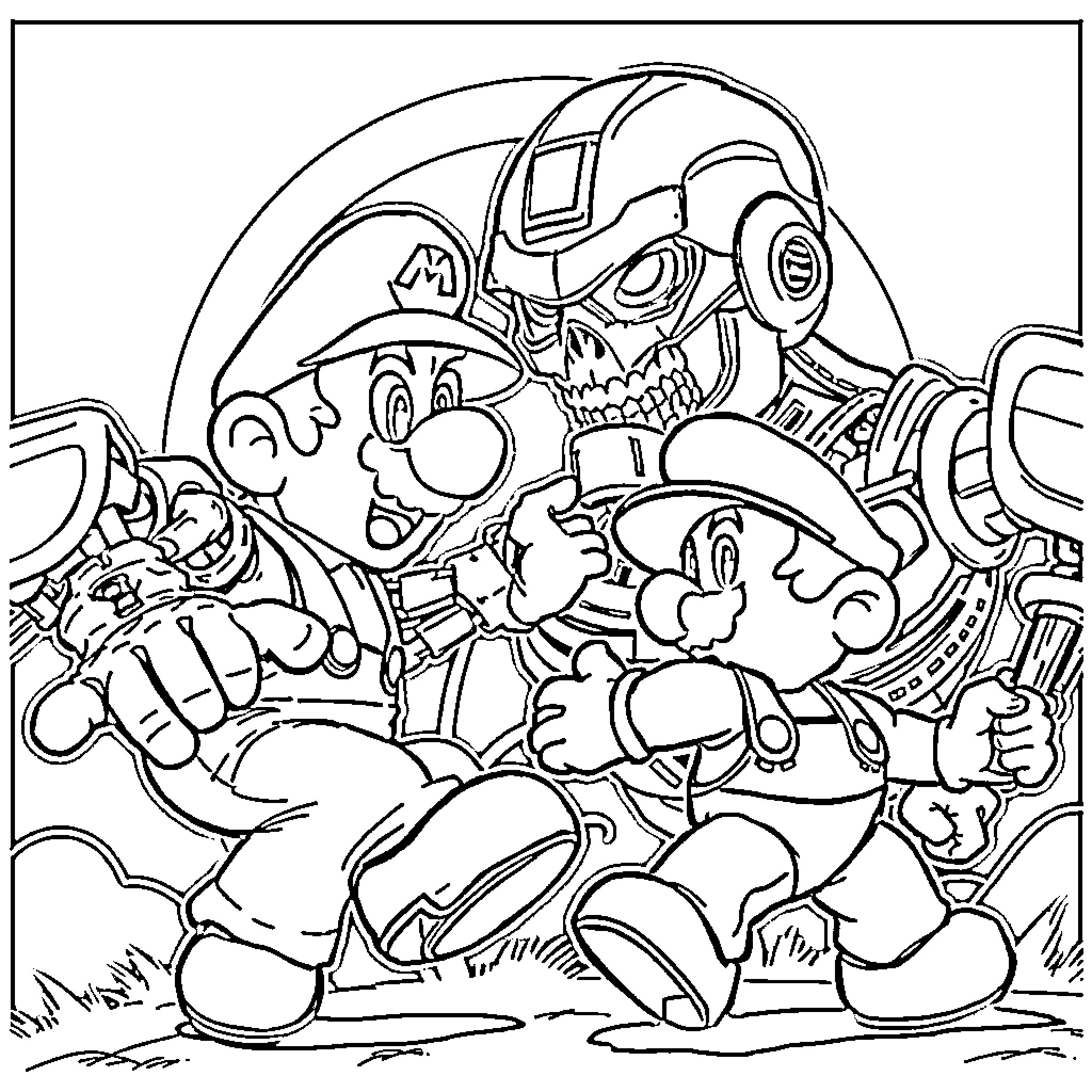 Mario in an Intense Confrontation with Adversaries Coloring Page (free black-and-white line drawing printable PDF for all, from beginners to advanced learners, including children, teens, adults, and seniors)
