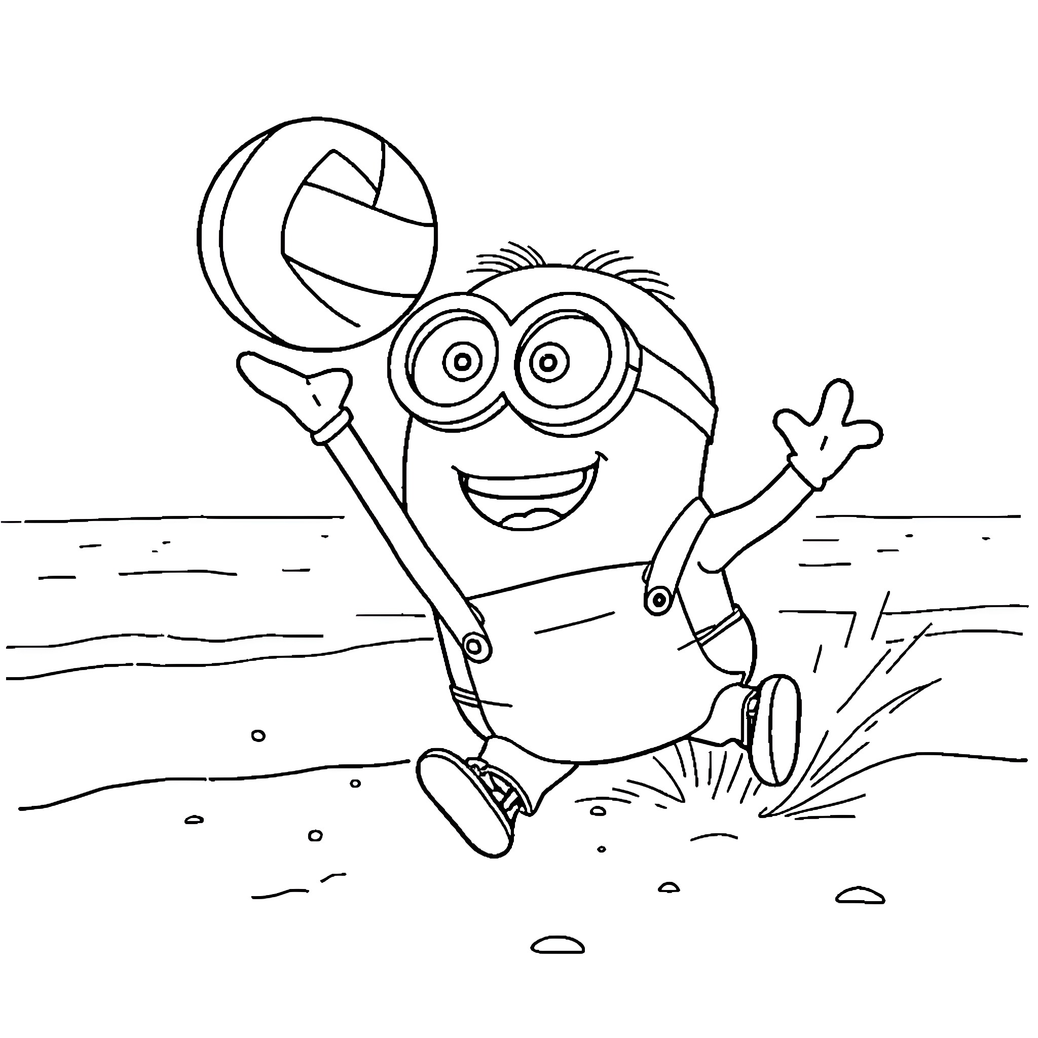 Minion enjoying a beach day with a volleyball Coloring Page (free black-and-white line drawing printable PDF for all, from beginners to advanced learners, including children, teens, adults, and seniors)