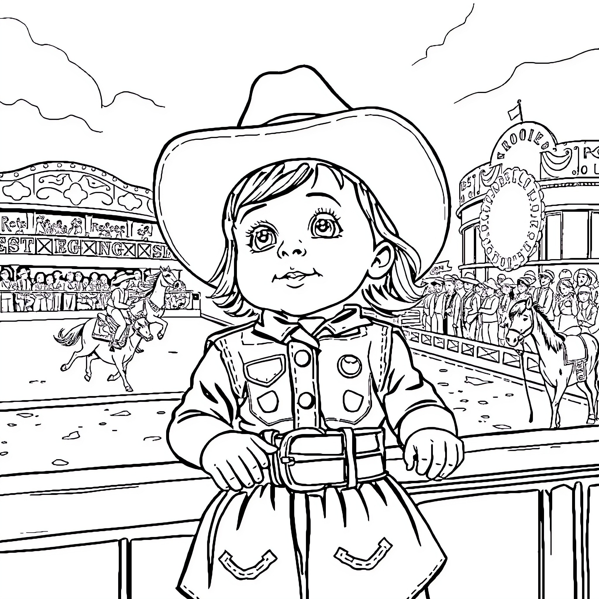 Baby Girl at the Carnival Coloring Page (free black-and-white line drawing printable PDF for all, from beginners to advanced learners, including children, teens, adults, and seniors)