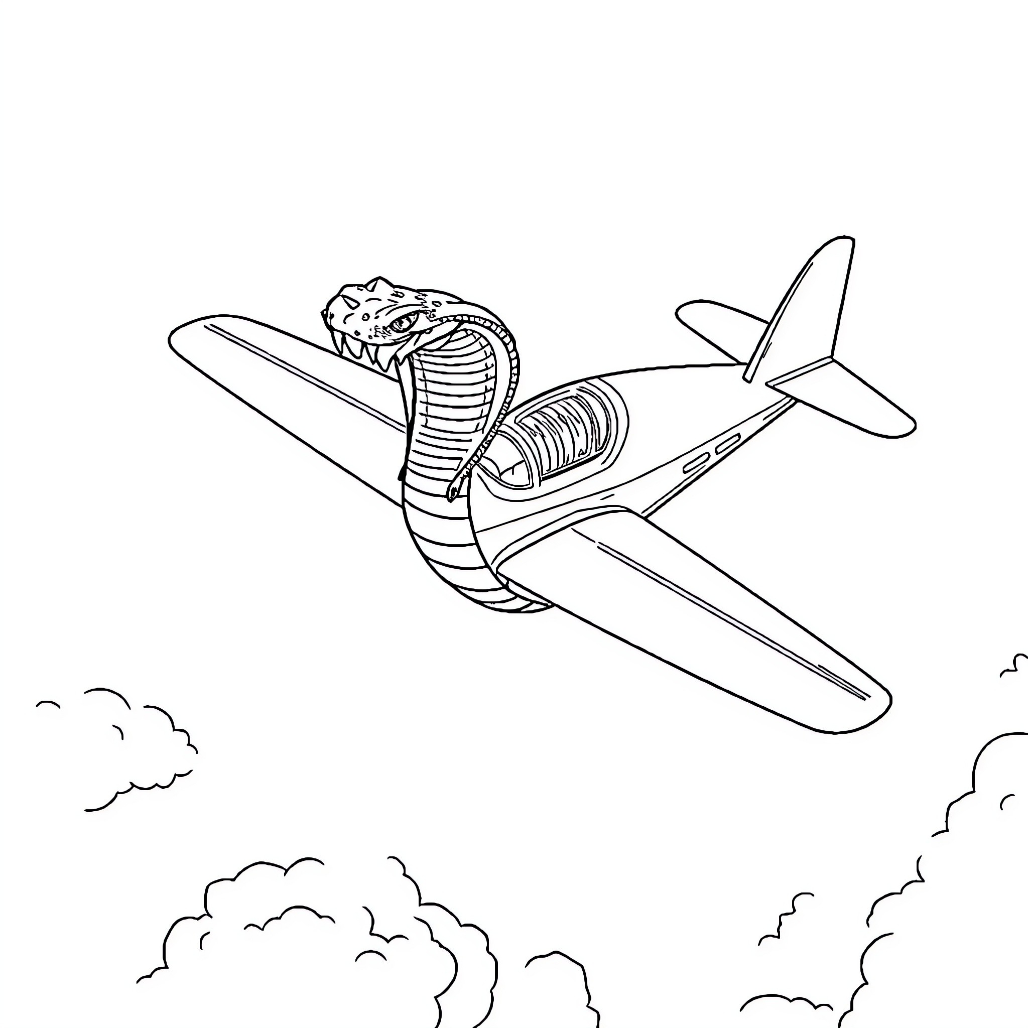 King Cobra piloting a plane through the clouds Coloring Page (free black-and-white line drawing printable PDF for all, from beginners to advanced learners, including children, teens, adults, and seniors)
