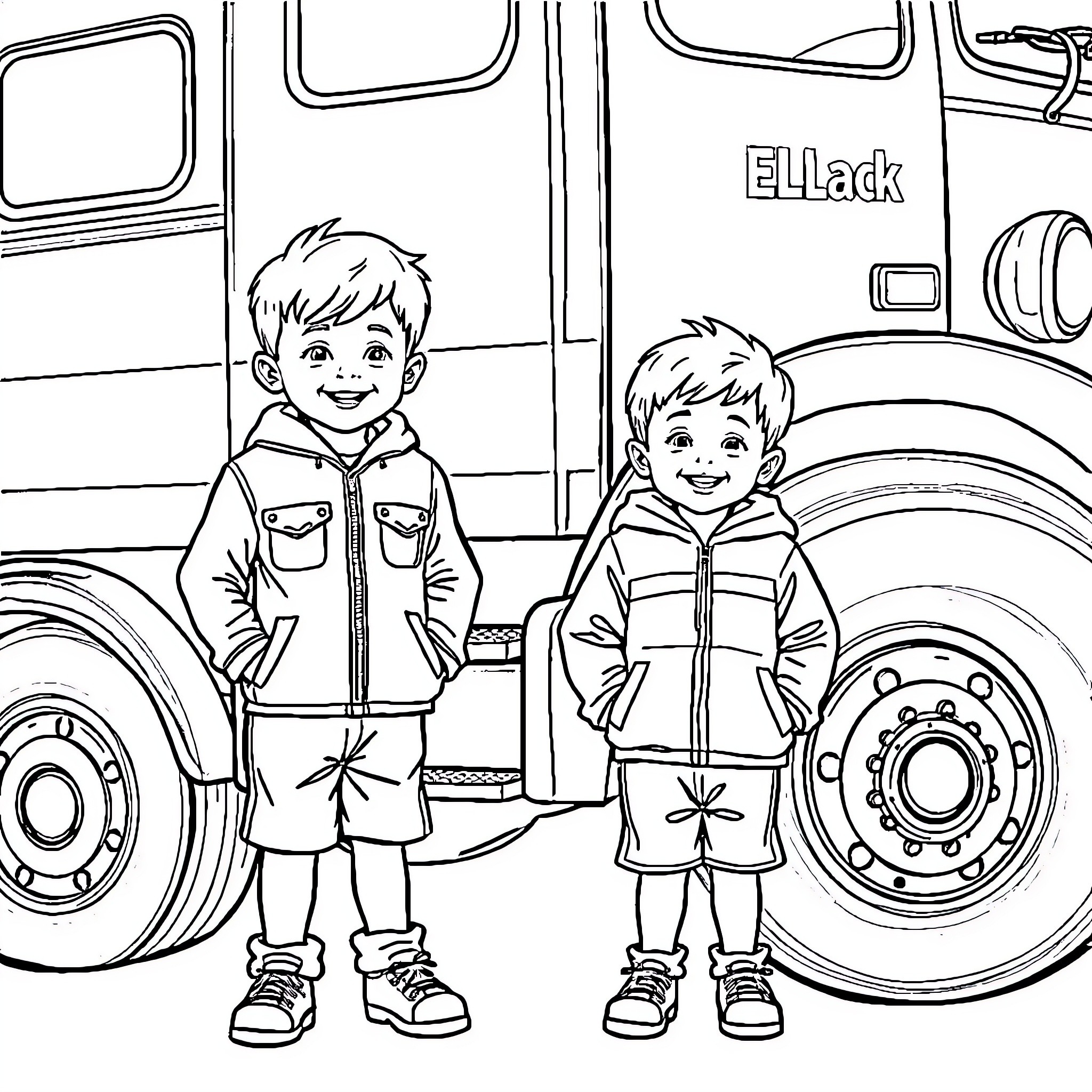 Fire Engine with Two Young Boys in Uniforms Coloring Page (free black-and-white line drawing printable PDF for all, from beginners to advanced learners, including children, teens, adults, and seniors)