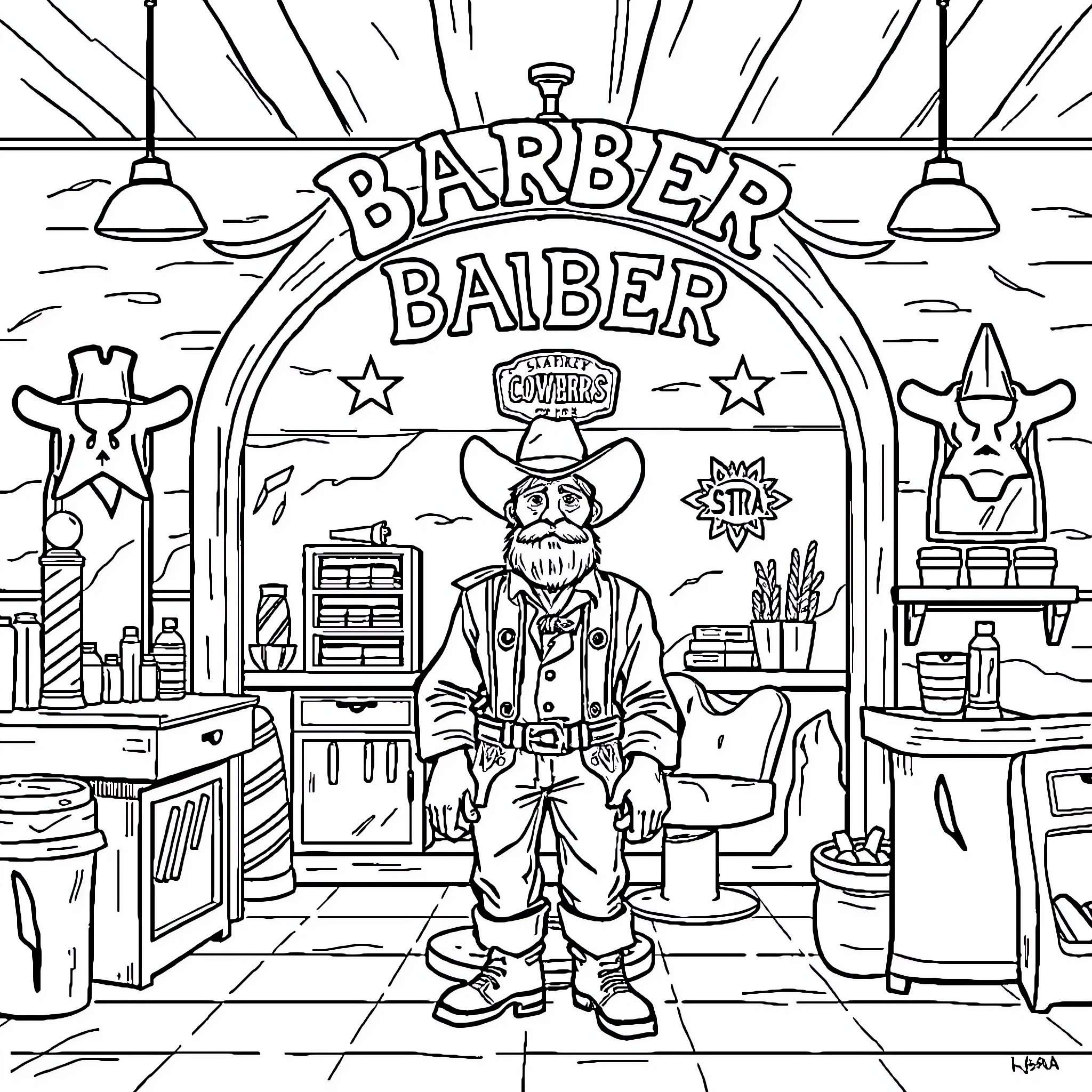 Cowboy Barber in the Old West Saloon Coloring Page (free black-and-white line drawing printable PDF for all, from beginners to advanced learners, including children, teens, adults, and seniors)