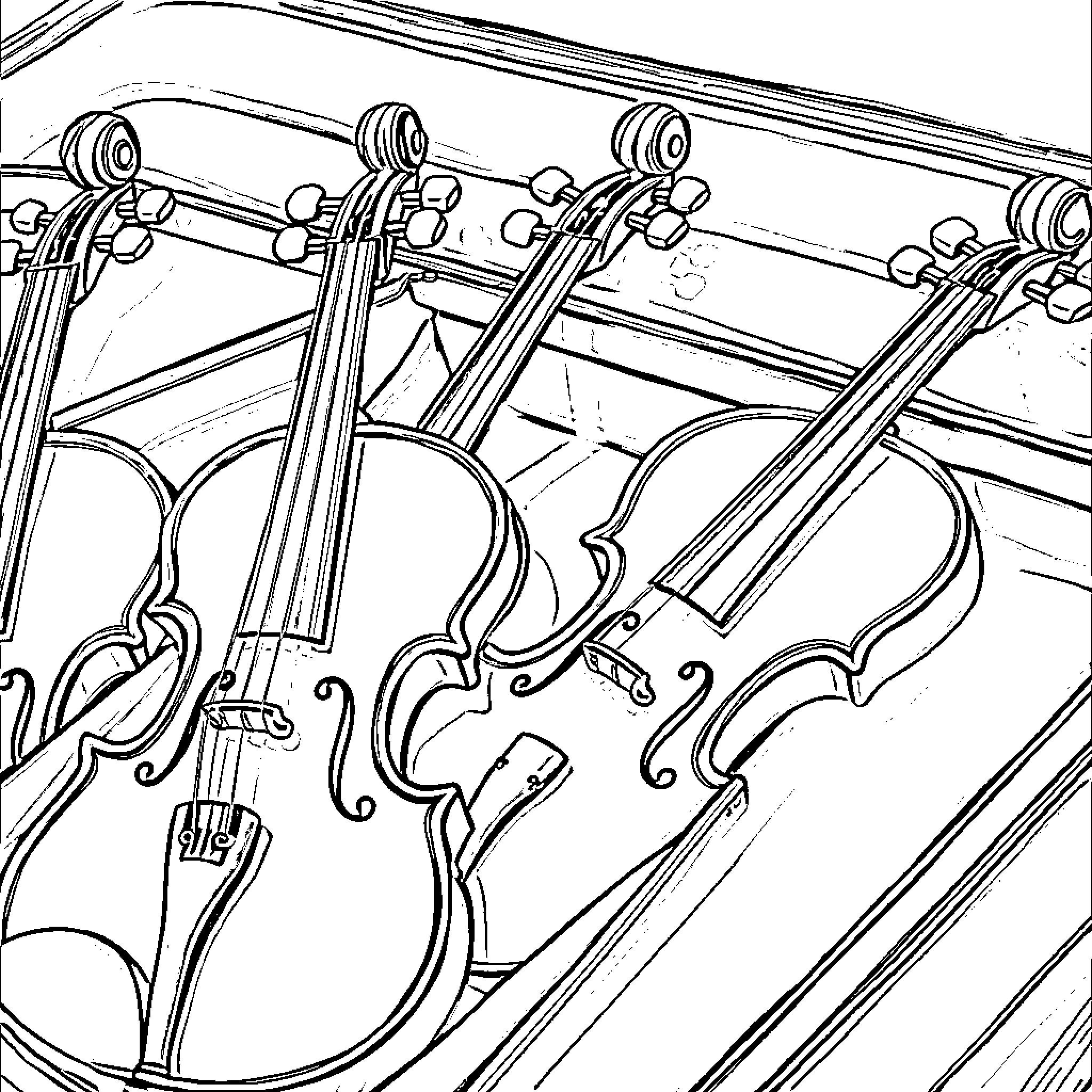Violin section of an orchestra Coloring Page (free black-and-white line drawing printable PDF for all, from beginners to advanced learners, including children, teens, adults, and seniors)
