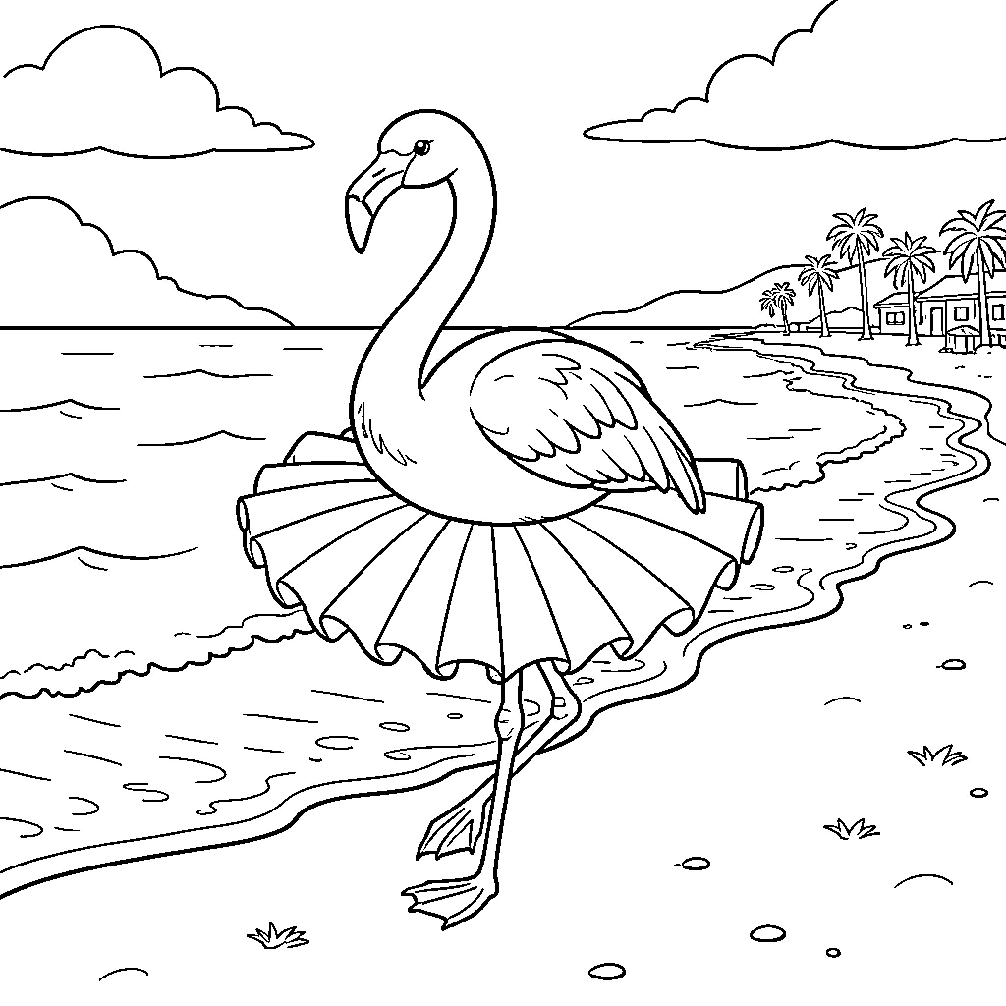 Flamingo enjoying a beach day Coloring Page (free black-and-white line drawing printable PDF for all, from beginners to advanced learners, including children, teens, adults, and seniors)