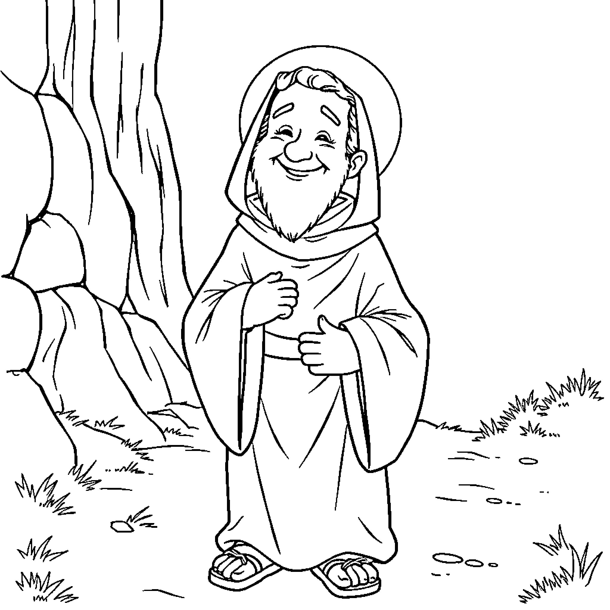 Friar Smiling Joyfully in Nature Coloring Page (free black-and-white line drawing printable PDF for all, from beginners to advanced learners, including children, teens, adults, and seniors)