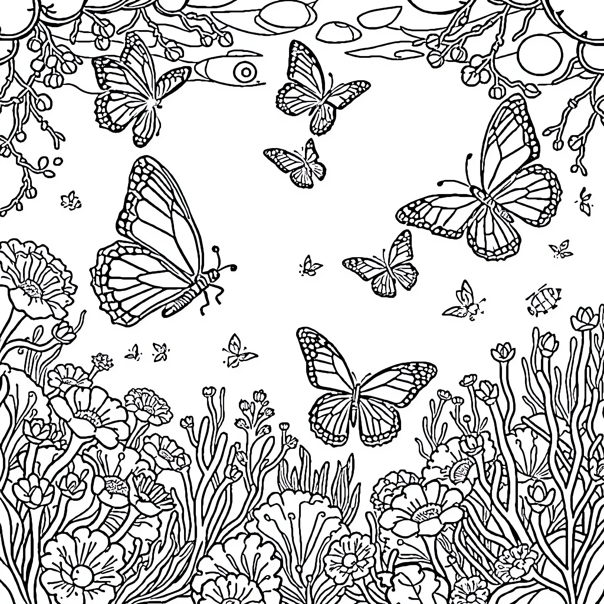 Butterfly Garden of Floral Beauty Coloring Page (free black-and-white line drawing printable PDF for all, from beginners to advanced learners, including children, teens, adults, and seniors)
