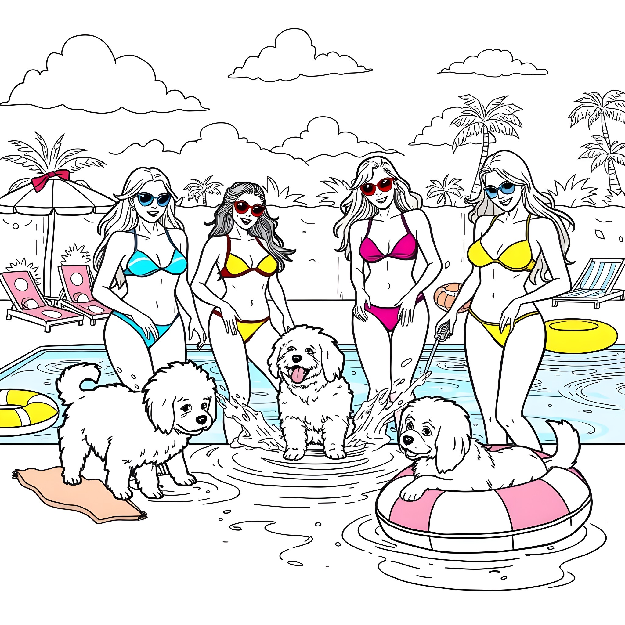 Bikini Model Girls Enjoying Beach Party with Pets Coloring Page (free black-and-white line drawing printable PDF for all, from beginners to advanced learners, including children, teens, adults, and seniors)