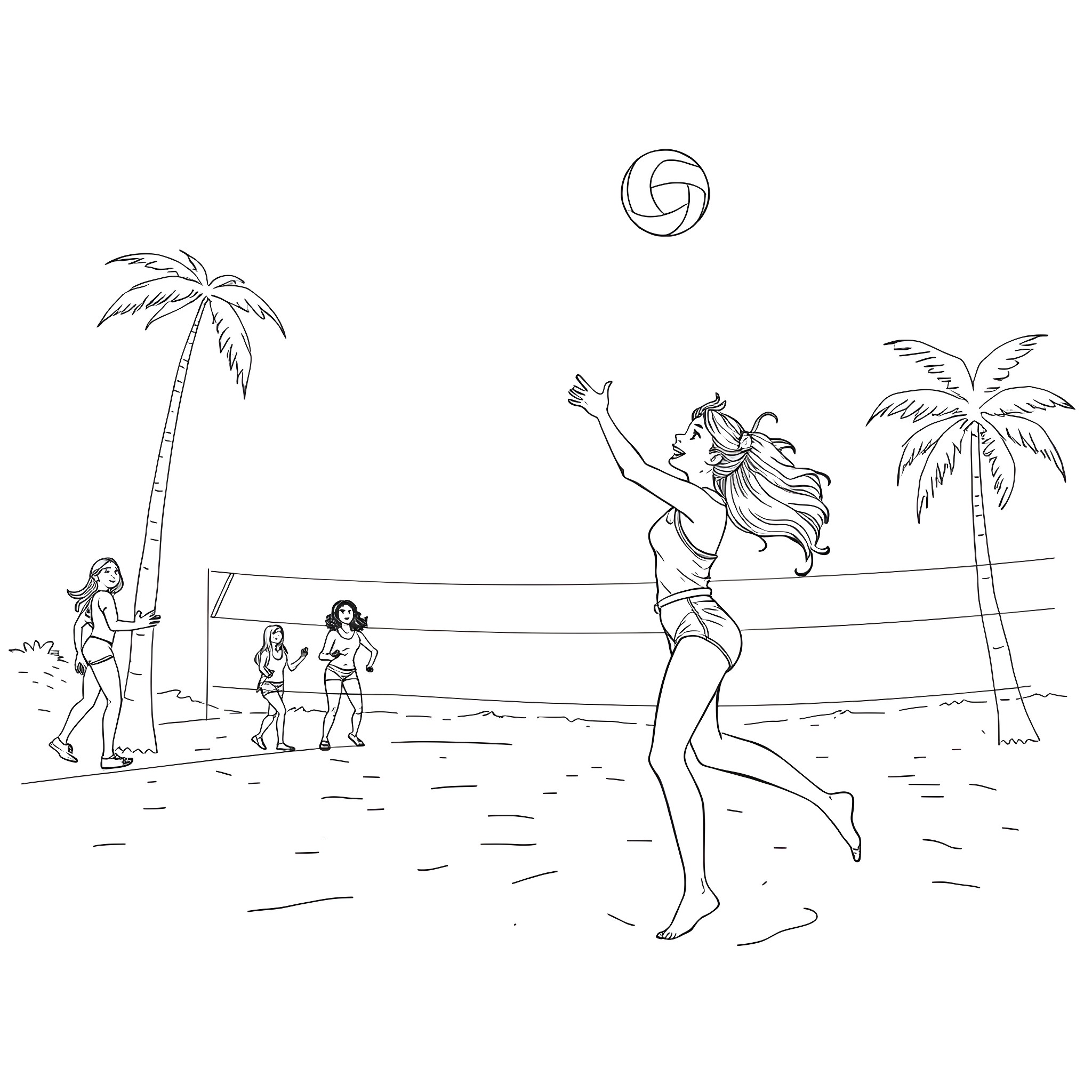 Circle of Friends Playing Volleyball on the Beach Coloring Page (free black-and-white line drawing printable PDF for all, from beginners to advanced learners, including children, teens, adults, and seniors)