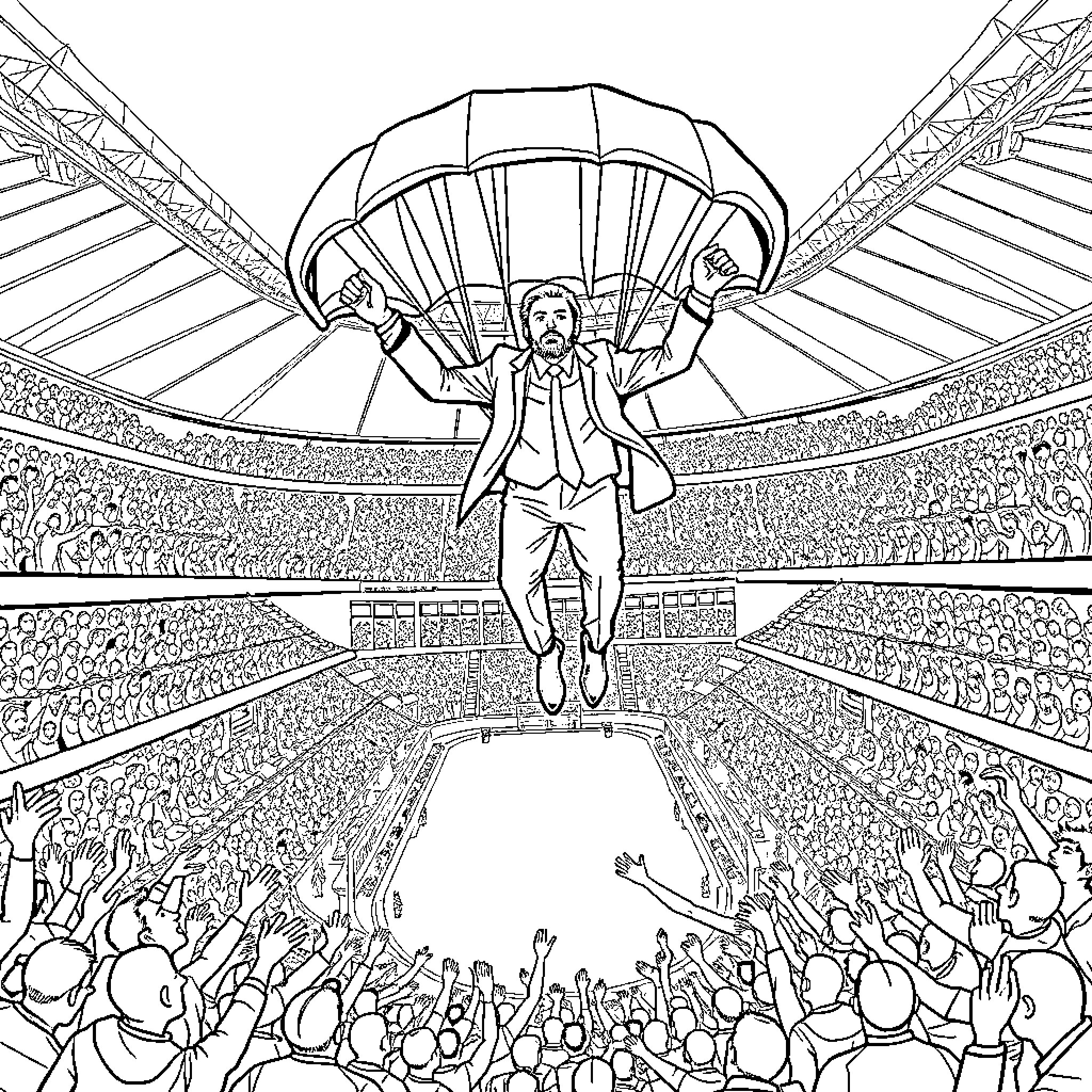 Business Man Skydiving into Cheering Crowd at Stadium Coloring Page (free black-and-white line drawing printable PDF for all, from beginners to advanced learners, including children, teens, adults, and seniors)