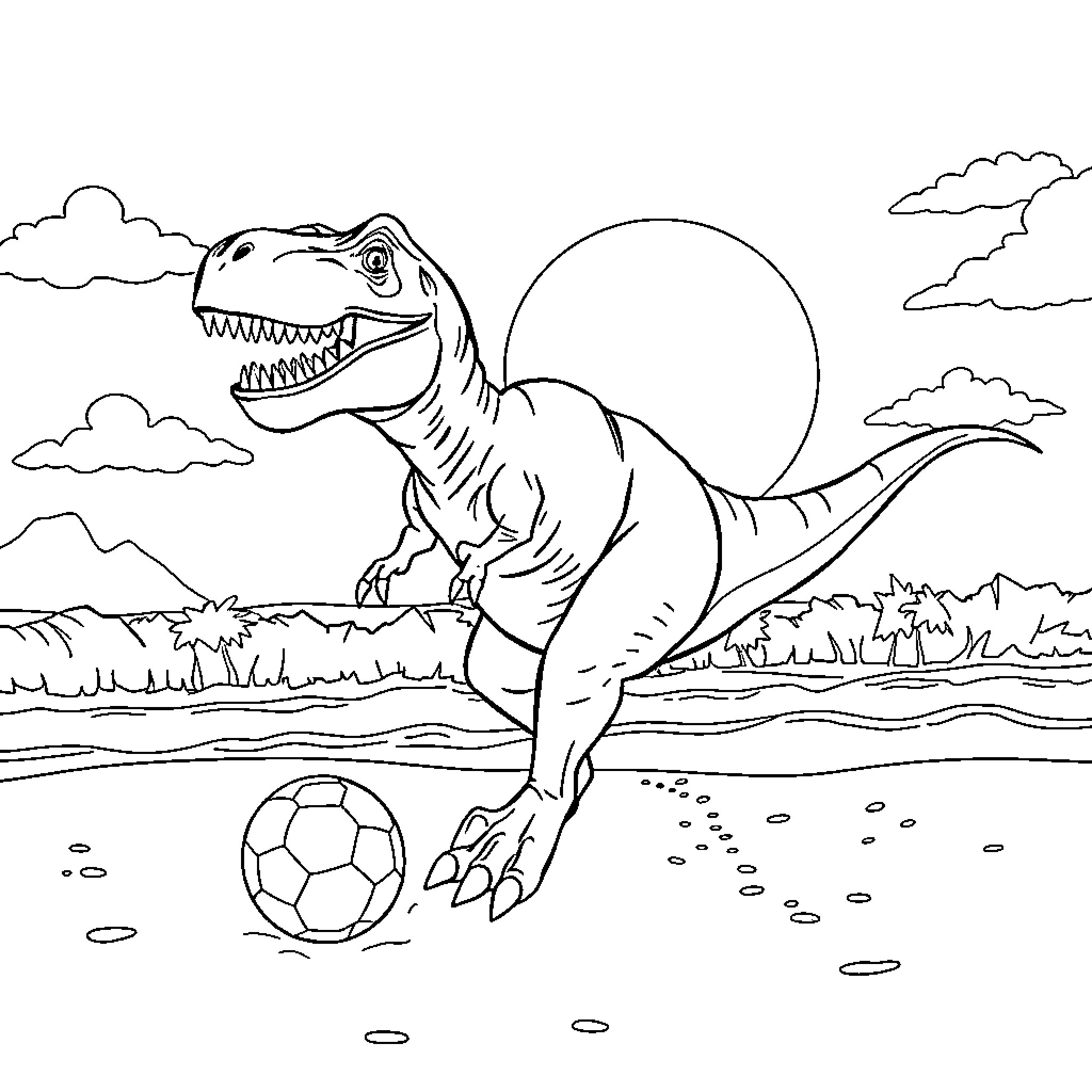 Tyrannosaurus Rex playing with a soccer ball Coloring Page (free black-and-white line drawing printable PDF for all, from beginners to advanced learners, including children, teens, adults, and seniors)