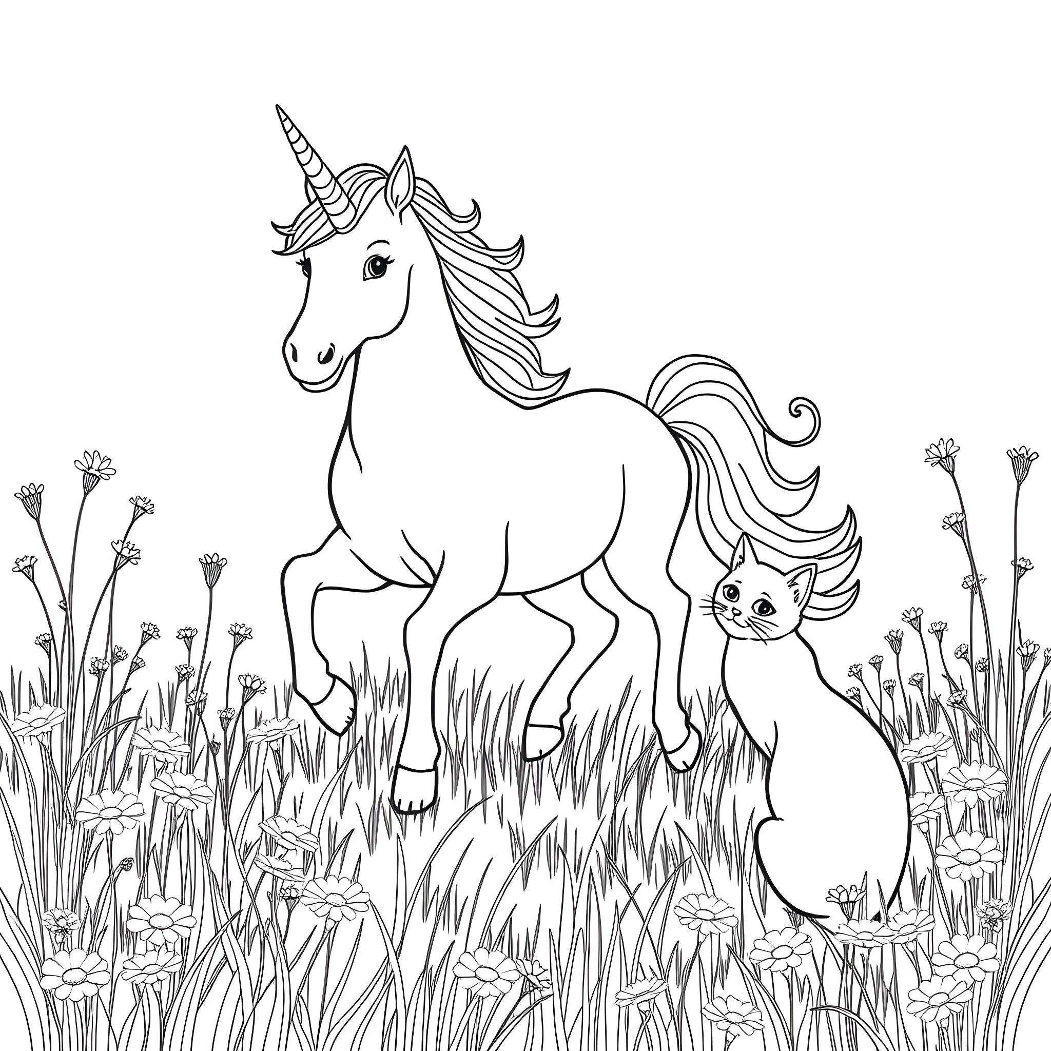 Unicorn and cat frolicking in a magical meadow Coloring Page (free black-and-white line drawing printable PDF for all, from beginners to advanced learners, including children, teens, adults, and seniors)