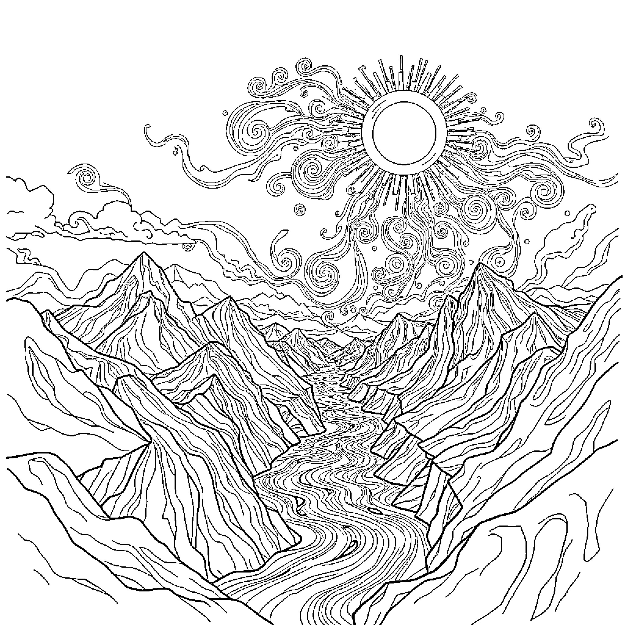 God's Majestic Mountain Landscape Coloring Page (free black-and-white line drawing printable PDF for all, from beginners to advanced learners, including children, teens, adults, and seniors)