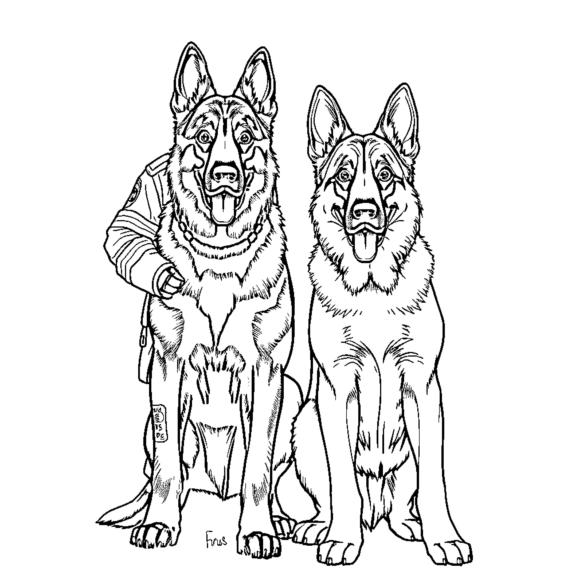 German Shepherds in Uniform Posing Together Coloring Page (free black-and-white line drawing printable PDF for all, from beginners to advanced learners, including children, teens, adults, and seniors)