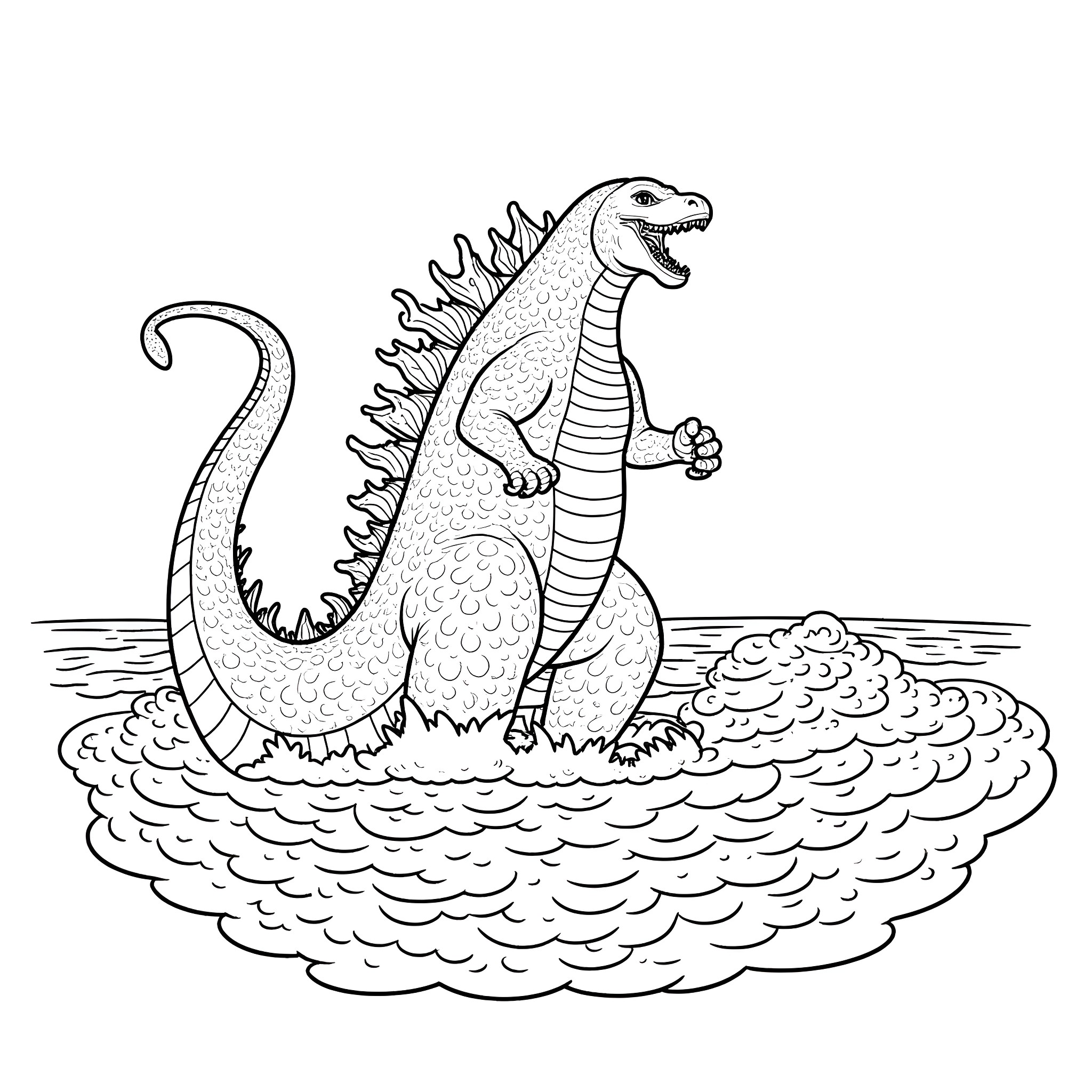 Godzilla stomping through the ocean waves Coloring Page (free black-and-white line drawing printable PDF for all, from beginners to advanced learners, including children, teens, adults, and seniors)