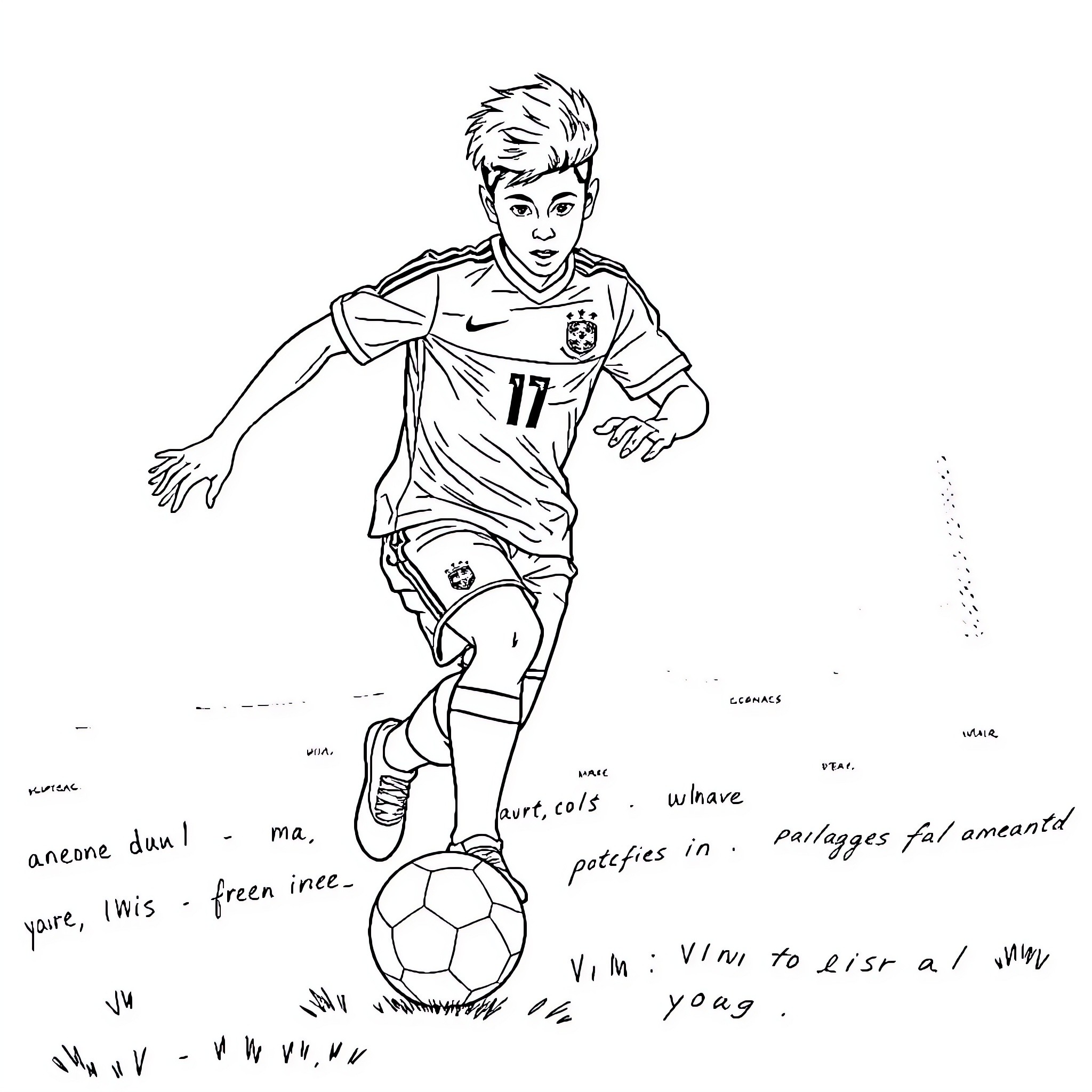 Vini Jr chasing the soccer ball on the field Coloring Page (free black-and-white line drawing printable PDF for all, from beginners to advanced learners, including children, teens, adults, and seniors)