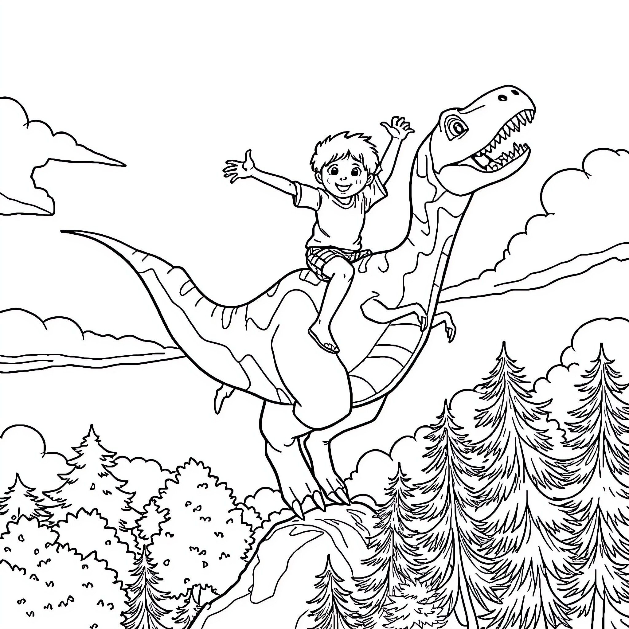 Boy riding on the back of a dinosaur in the wilderness Coloring Page (free black-and-white line drawing printable PDF for all, from beginners to advanced learners, including children, teens, adults, and seniors)