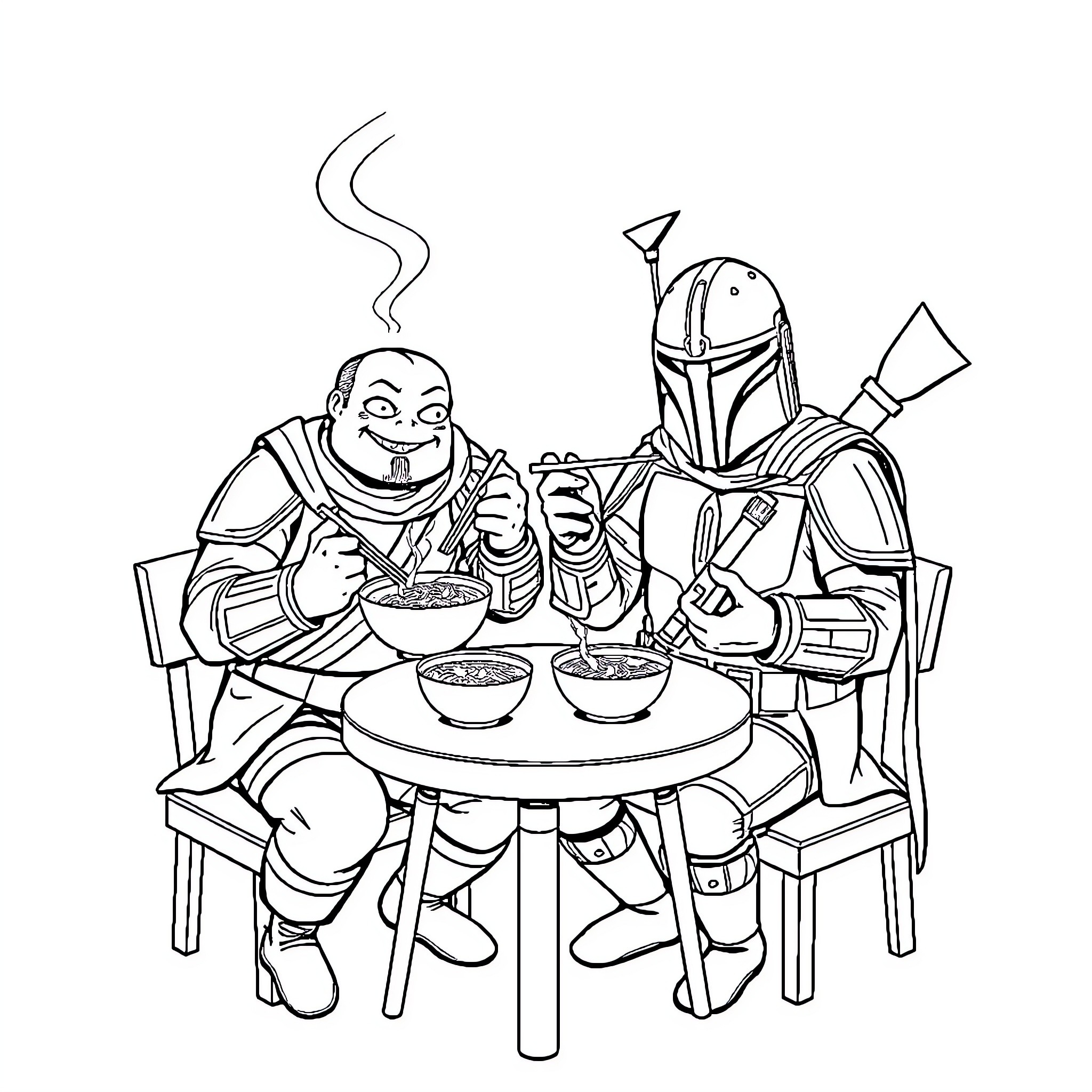 Grogu enjoying a meal with Mandalorian companion Coloring Page (free black-and-white line drawing printable PDF for all, from beginners to advanced learners, including children, teens, adults, and seniors)