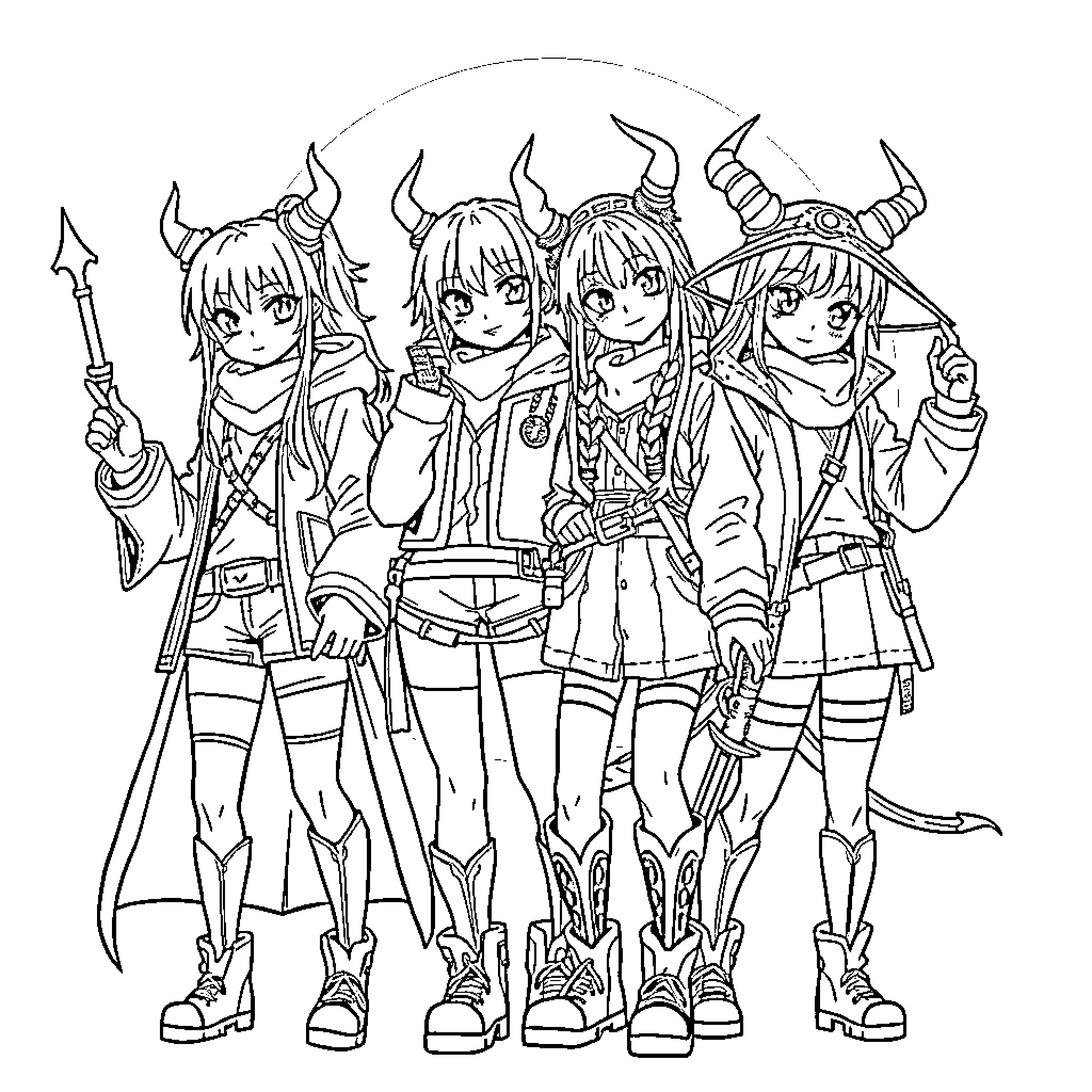 Rumi and friends in fantasy outfits Coloring Page (free black-and-white line drawing printable PDF for all, from beginners to advanced learners, including children, teens, adults, and seniors)