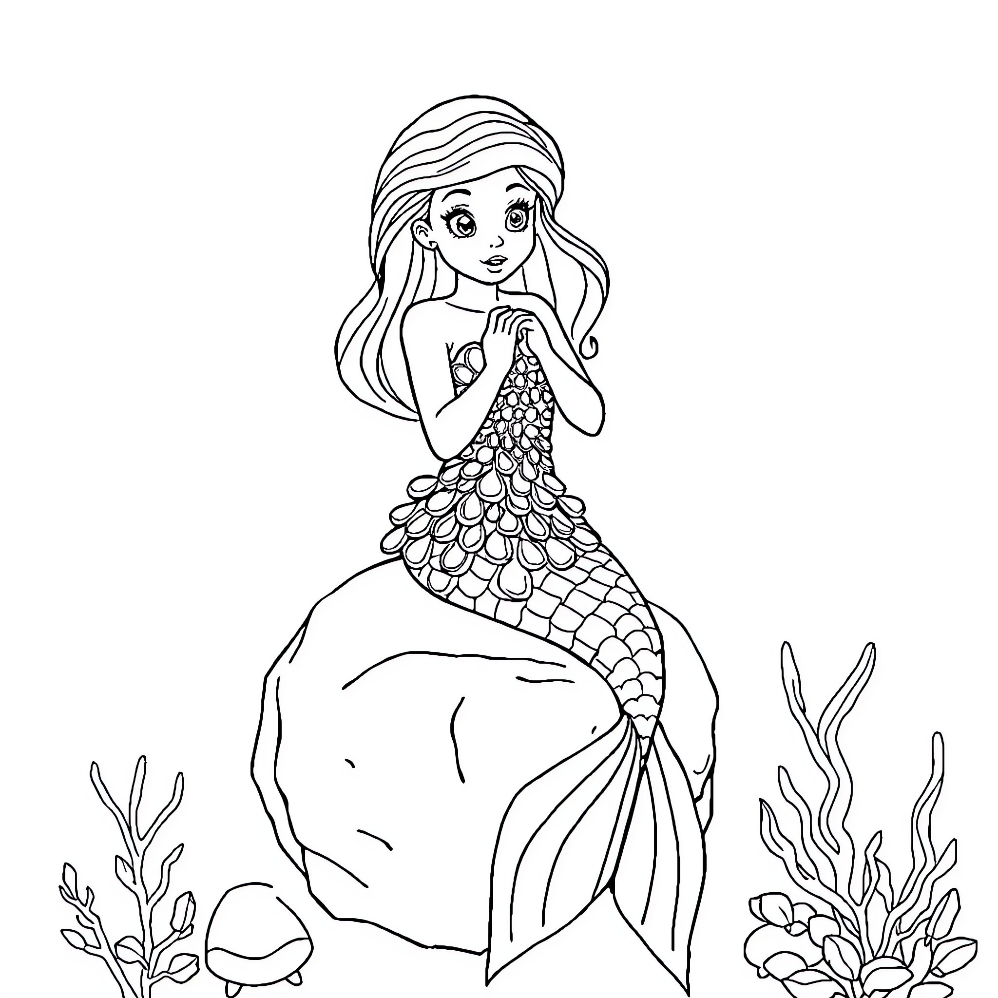 Mermaid posing elegantly underwater Coloring Page (free black-and-white line drawing printable PDF for all, from beginners to advanced learners, including children, teens, adults, and seniors)