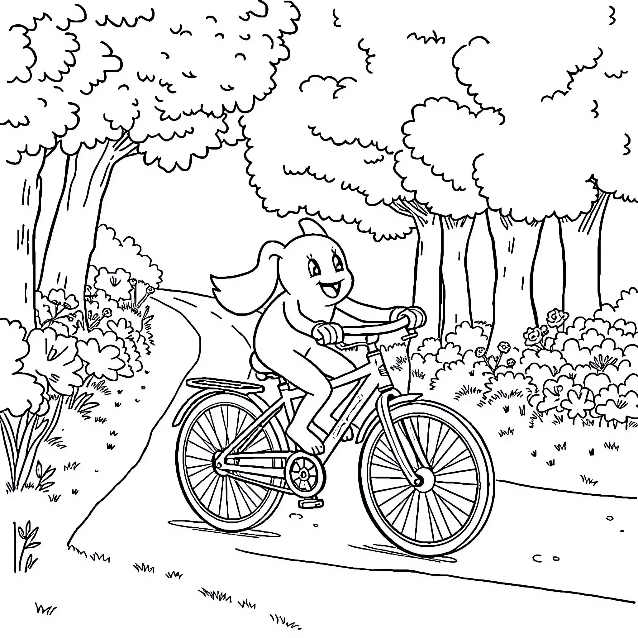 Bluey's Bicycle Adventure in the Woodlands Coloring Page (free black-and-white line drawing printable PDF for all, from beginners to advanced learners, including children, teens, adults, and seniors)