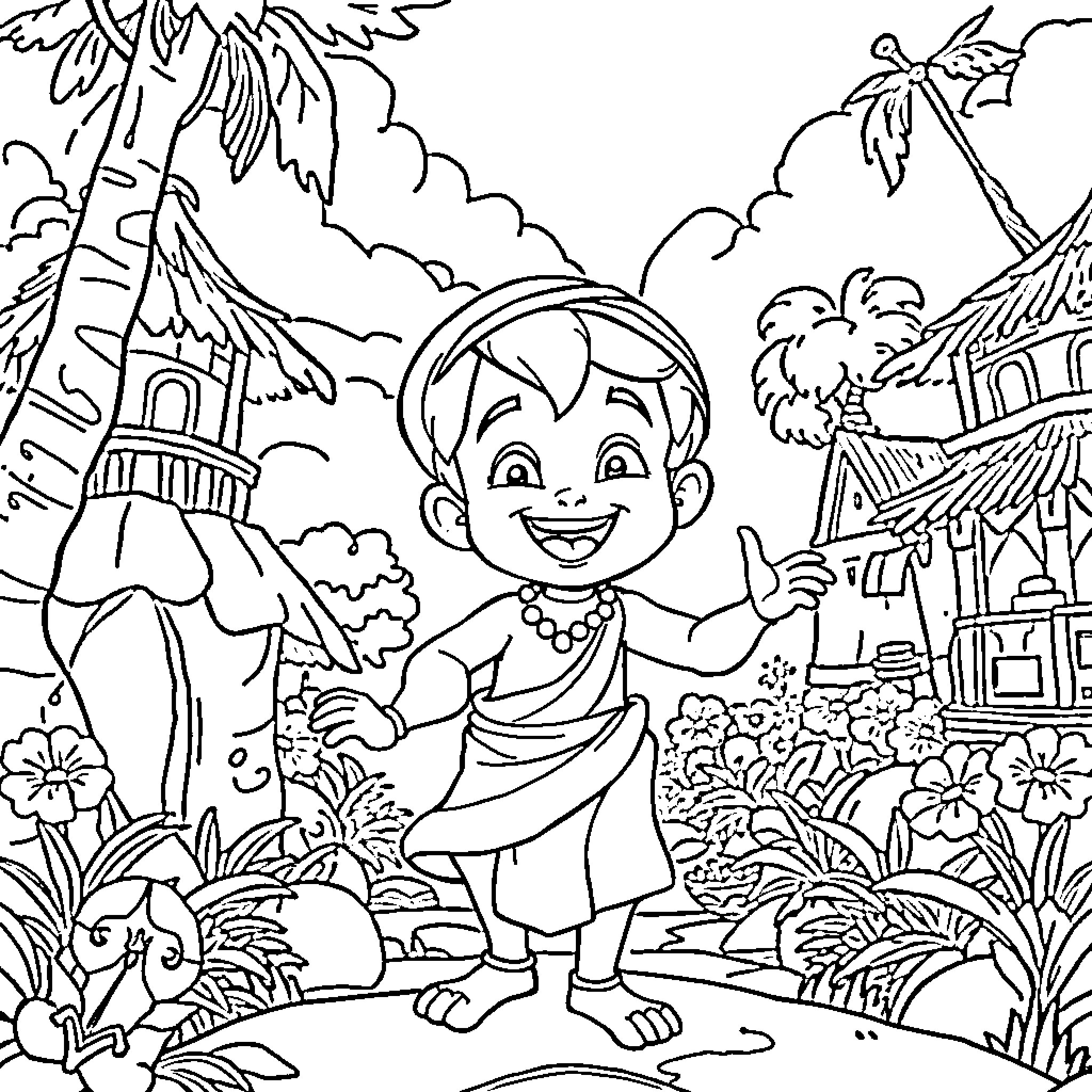 Chhota Bheem exploring the lush village Coloring Page (free black-and-white line drawing printable PDF for all, from beginners to advanced learners, including children, teens, adults, and seniors)