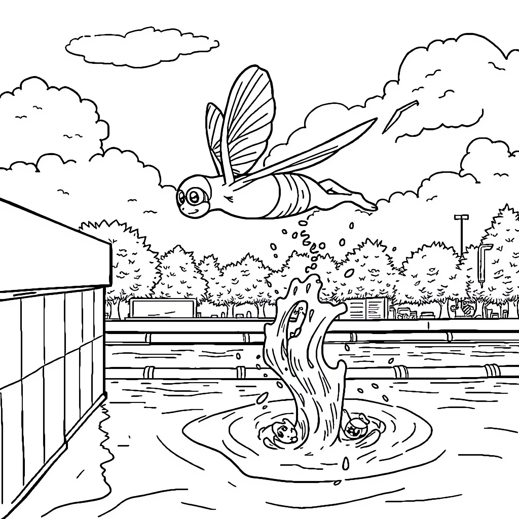 Fly into the Enchanted Pond Coloring Page (free black-and-white line drawing printable PDF for all, from beginners to advanced learners, including children, teens, adults, and seniors)