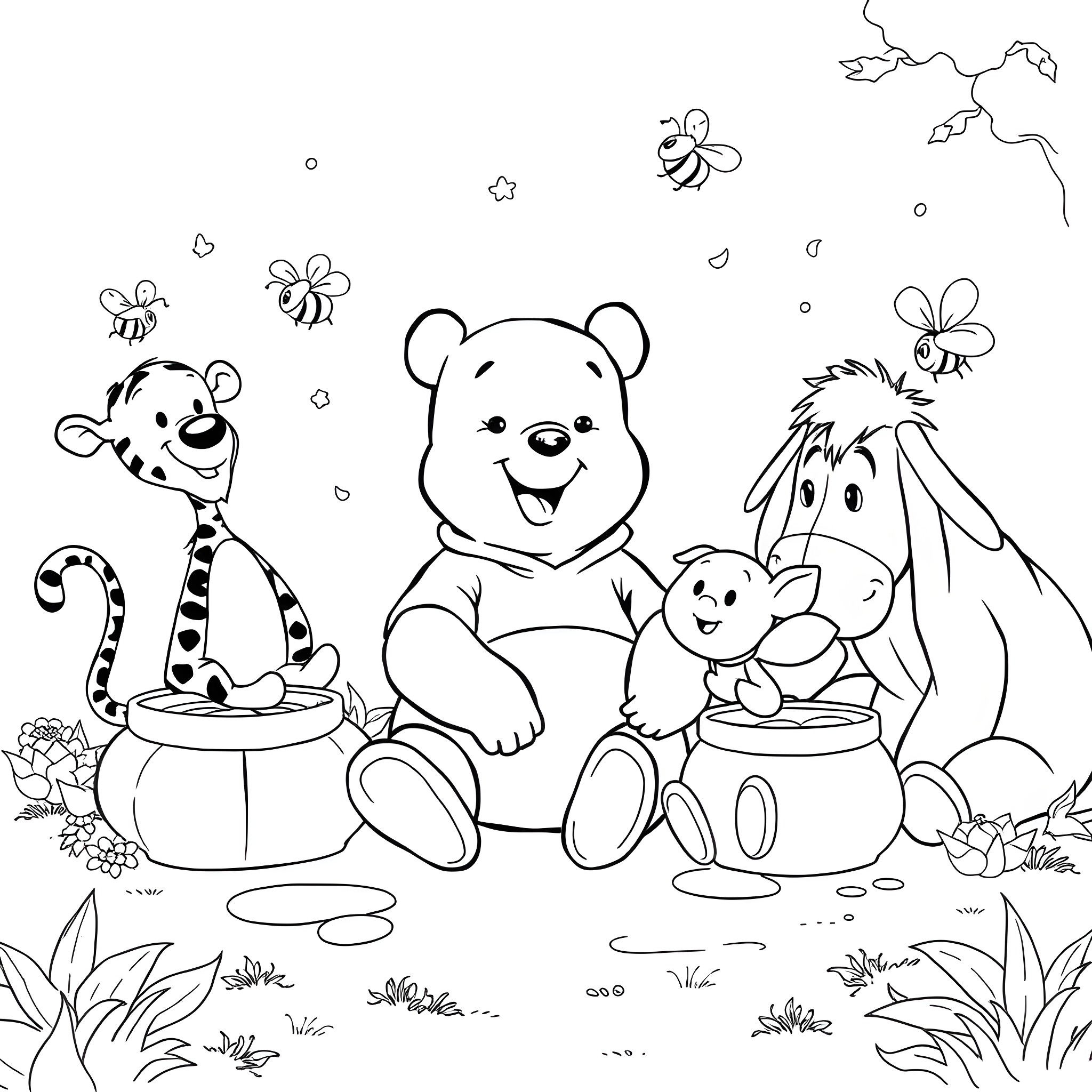 Winnie The Pooh and Friends Enjoying Nature Coloring Page (free black-and-white line drawing printable PDF for all, from beginners to advanced learners, including children, teens, adults, and seniors)
