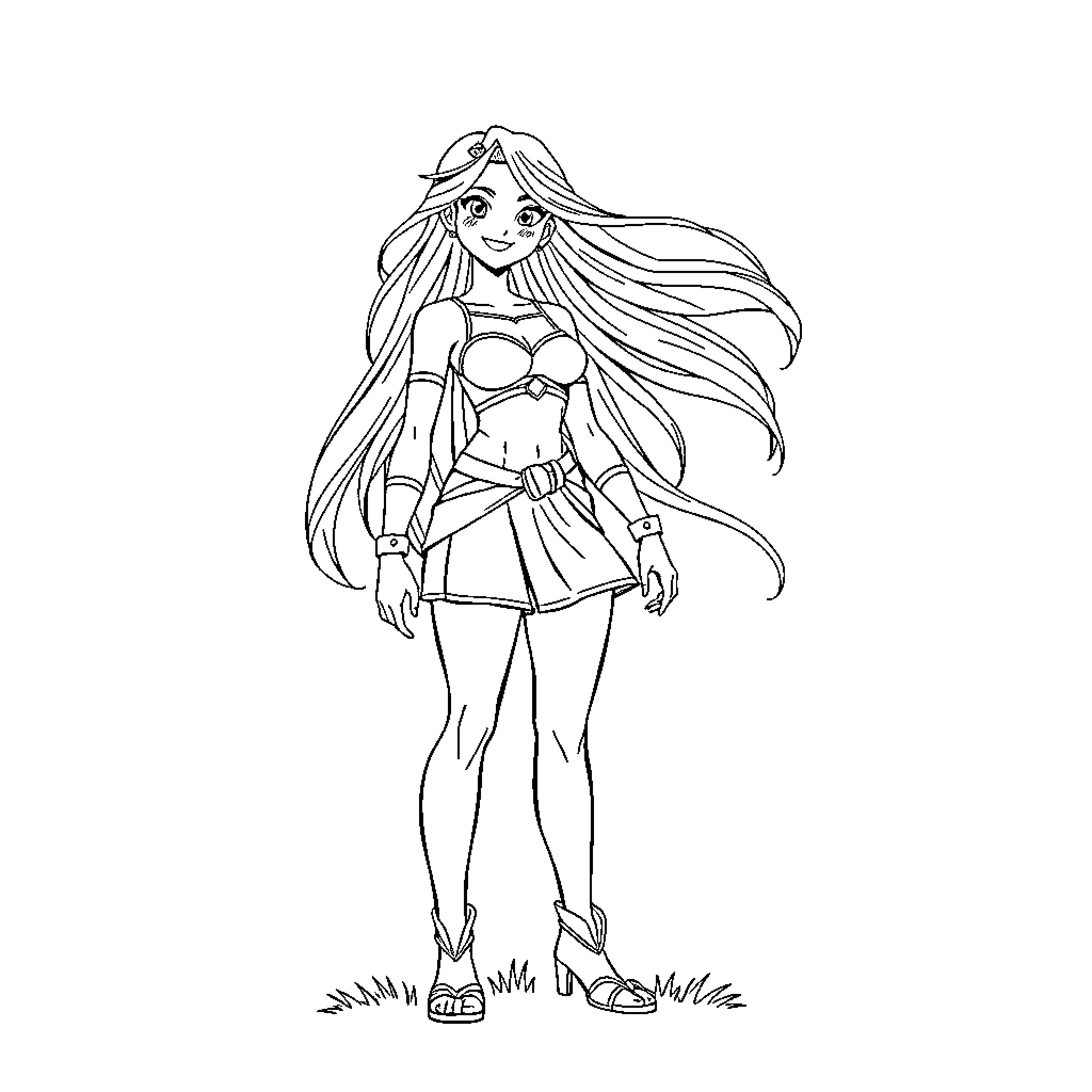 Nejire Hado in a Heroic Pose Coloring Page (free black-and-white line drawing printable PDF for all, from beginners to advanced learners, including children, teens, adults, and seniors)