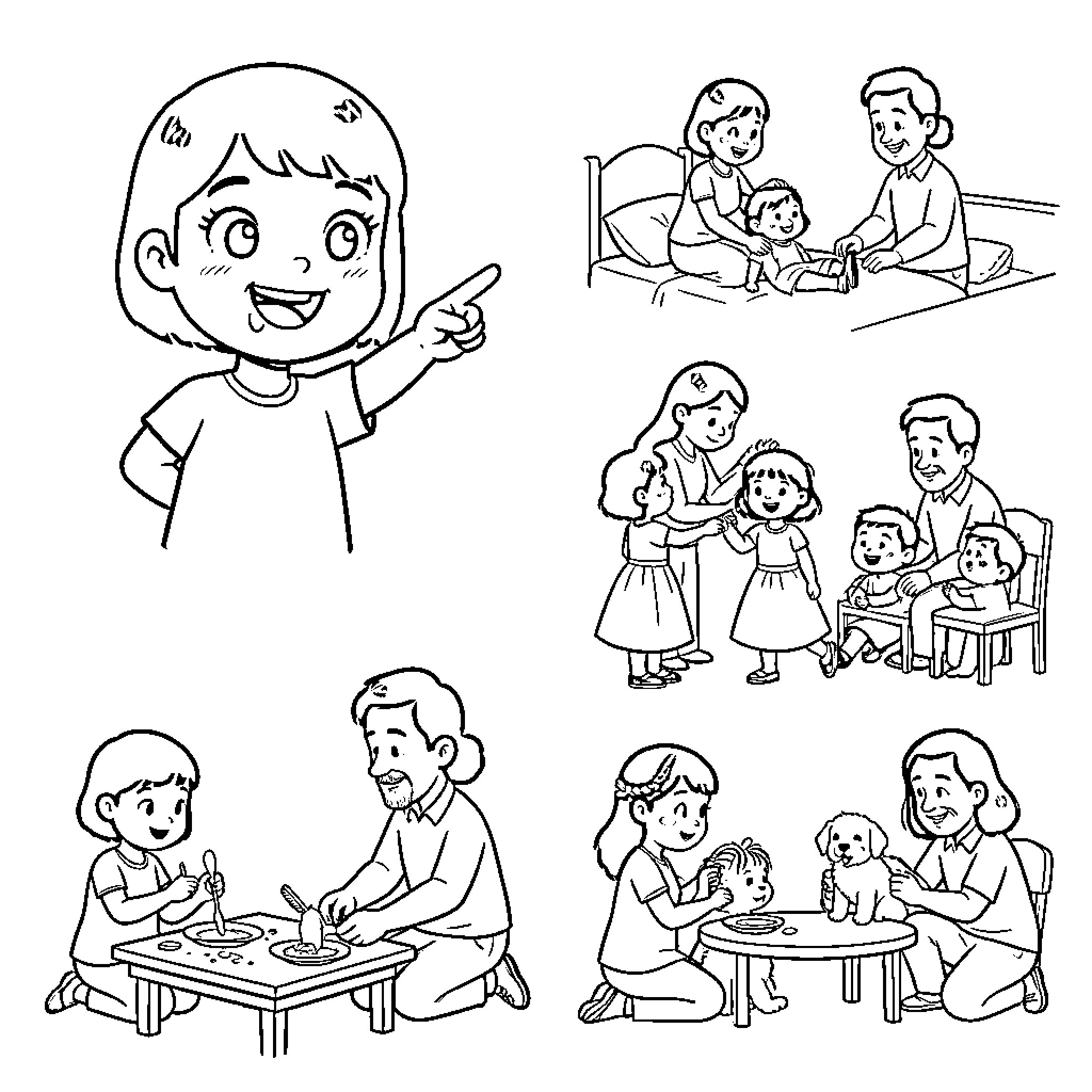 Anya's Family Time: Playful Moments and Cherished Memories Coloring Page (free black-and-white line drawing printable PDF for all, from beginners to advanced learners, including children, teens, adults, and seniors)