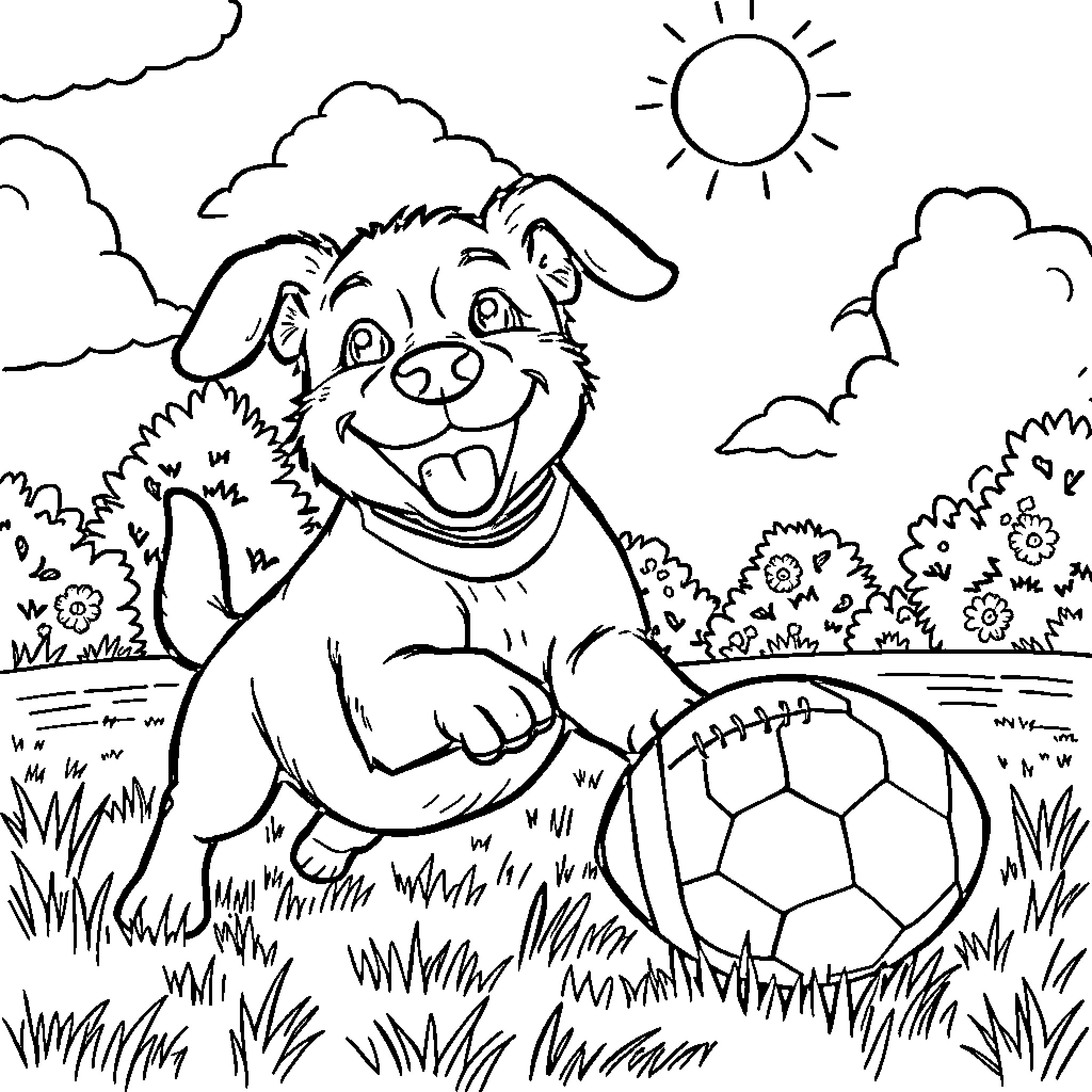 Dog playing with soccer ball in sunny field Coloring Page (free black-and-white line drawing printable PDF for all, from beginners to advanced learners, including children, teens, adults, and seniors)