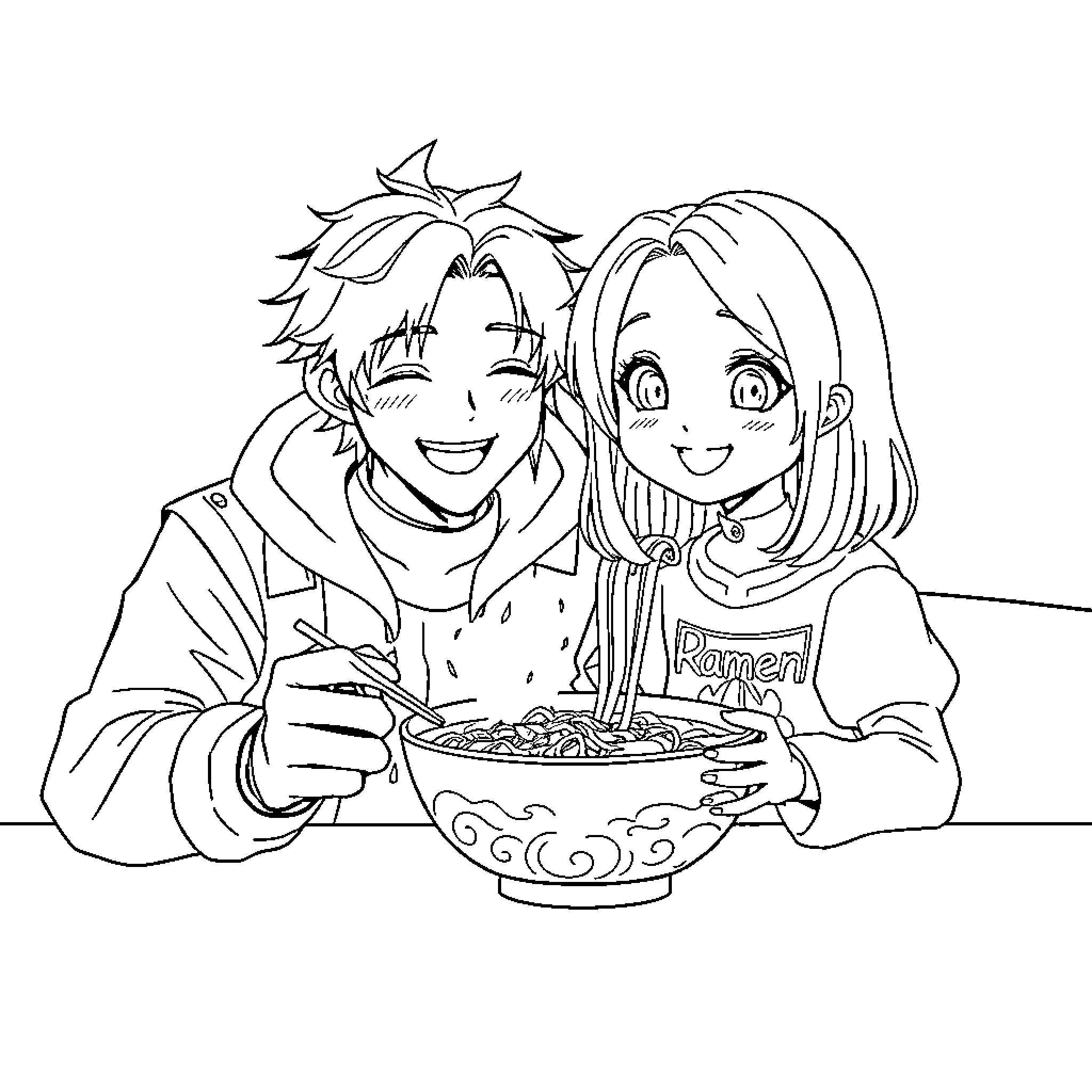 Rumi enjoying ramen with cheerful friend Coloring Page (free black-and-white line drawing printable PDF for all, from beginners to advanced learners, including children, teens, adults, and seniors)