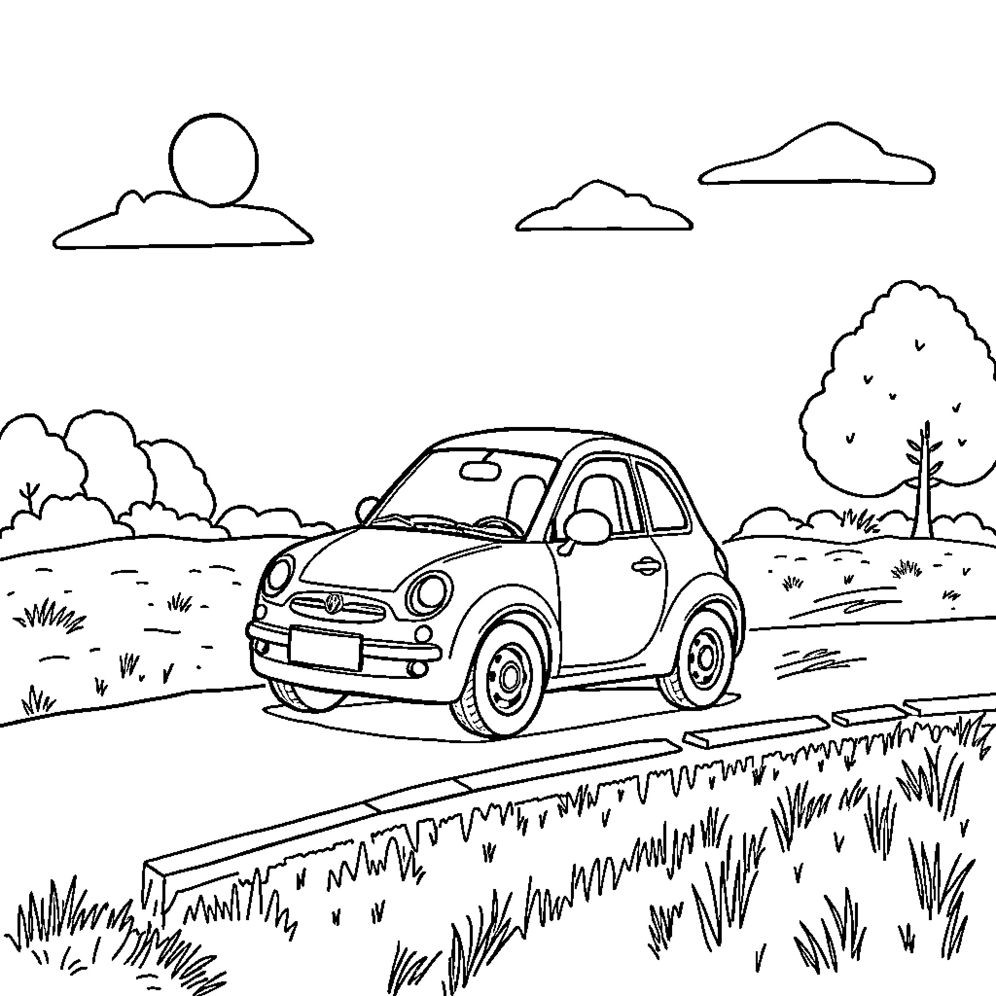 Letter A: Car driving through scenic landscape Coloring Page (free black-and-white line drawing printable PDF for all, from beginners to advanced learners, including children, teens, adults, and seniors)