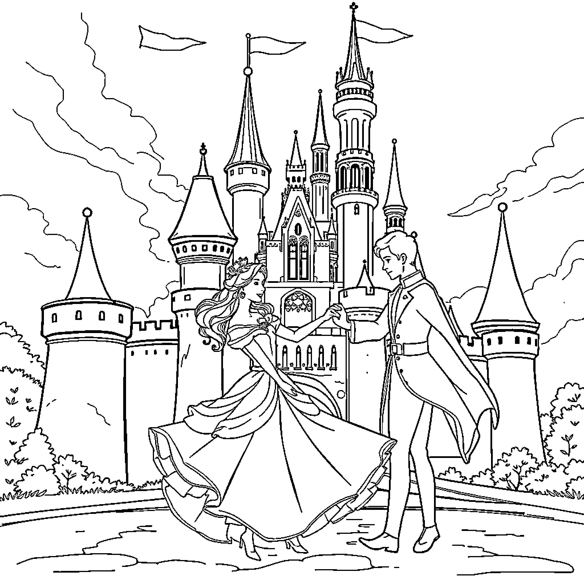Princess in Enchanted Castle with Prince Coloring Page (free black-and-white line drawing printable PDF for all, from beginners to advanced learners, including children, teens, adults, and seniors)