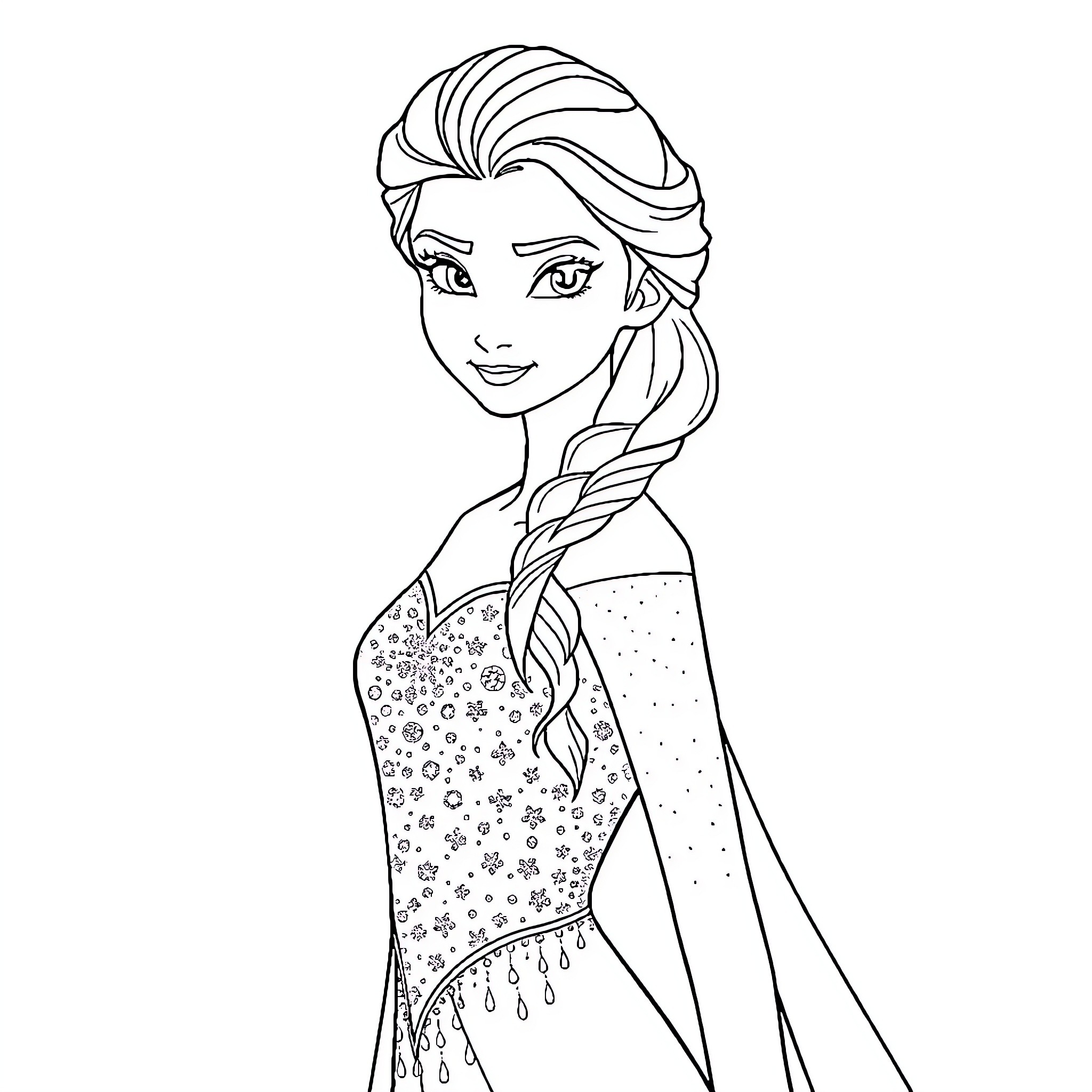 Elsa in her sparkling winter outfit Coloring Page (free black-and-white line drawing printable PDF for all, from beginners to advanced learners, including children, teens, adults, and seniors)