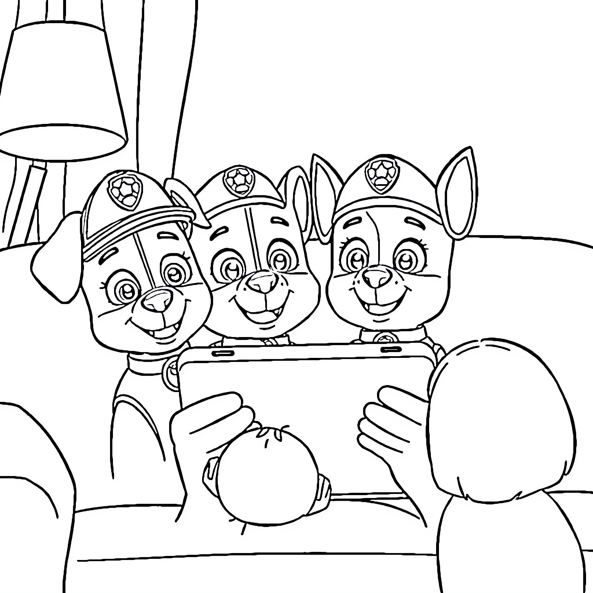 Paw Patrol Puppies Playing Happily Together Coloring Page (free black-and-white line drawing printable PDF for all, from beginners to advanced learners, including children, teens, adults, and seniors)