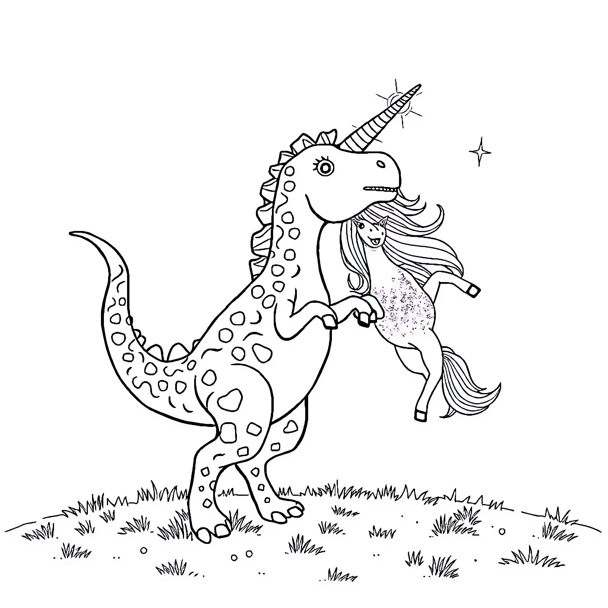 Dinosaur-like creature riding a unicorn in a field Coloring Page (free black-and-white line drawing printable PDF for all, from beginners to advanced learners, including children, teens, adults, and seniors)